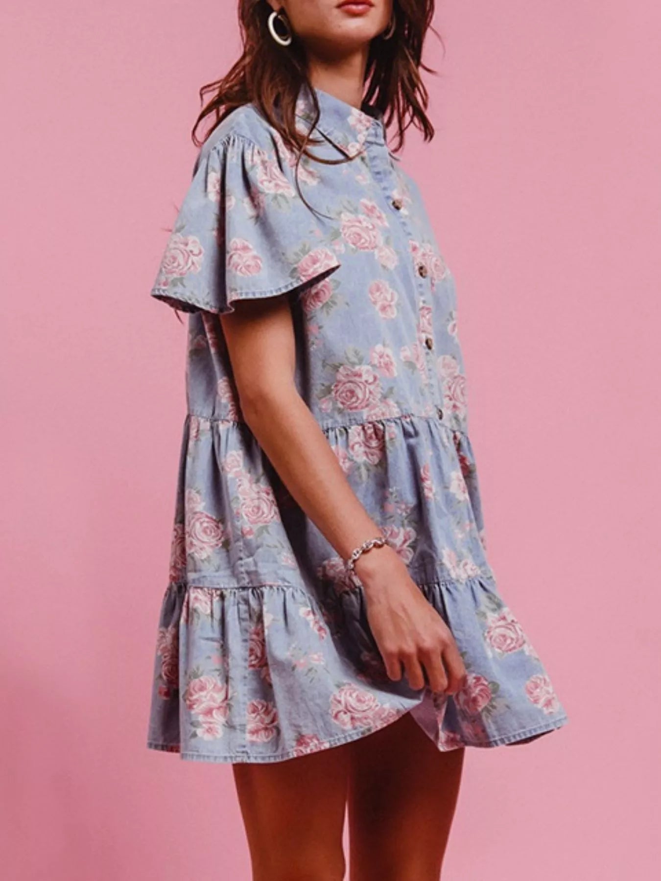 Hazel Blues® | Floral Print Denim Button-Down Tiered Mini Dress