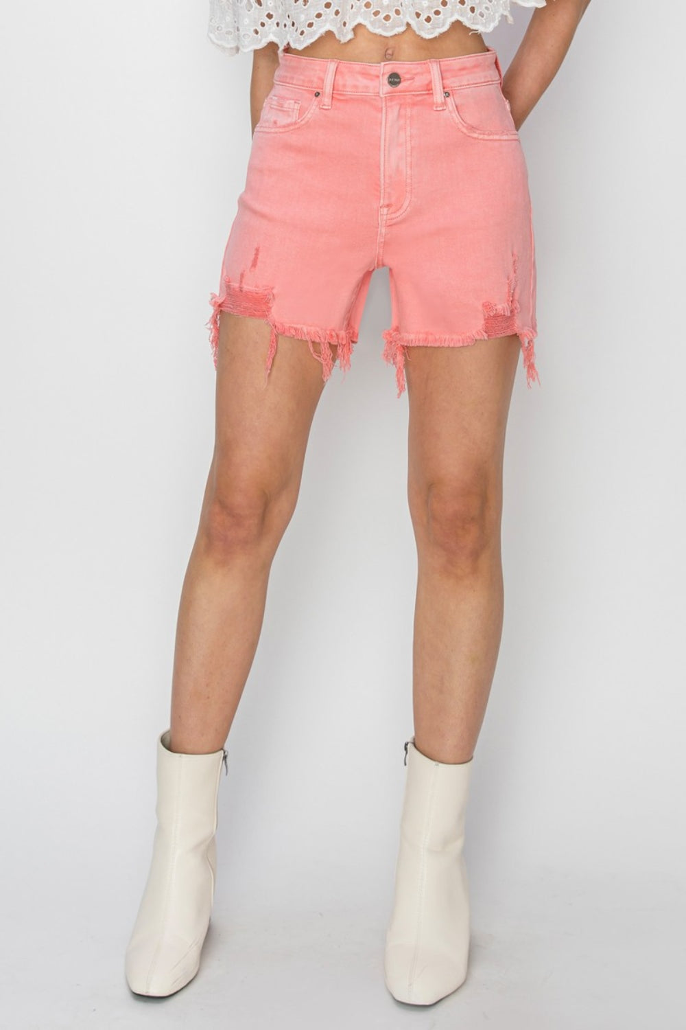 Hazel Blues® | RISEN High Rise Distressed Denim Shorts