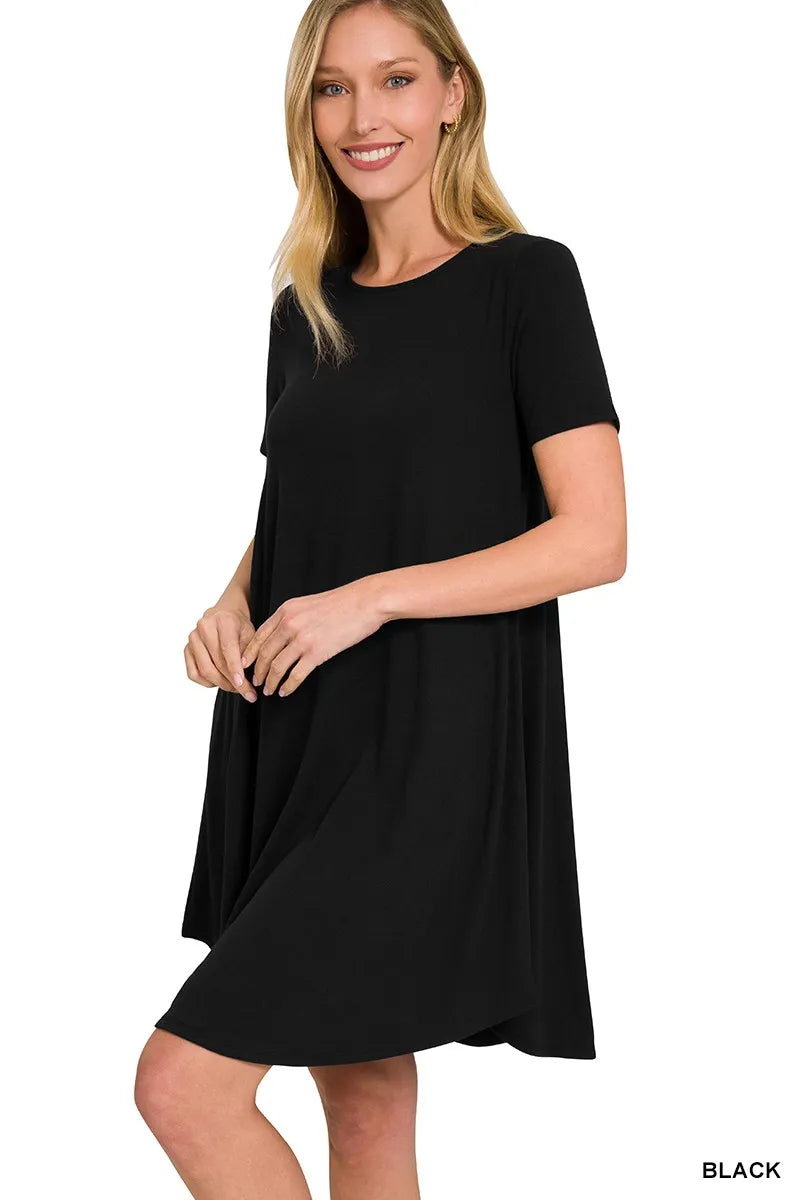 Hazel Blues® | Zenana Short Sleeve Round Hem A-line Dress with Side Pockets