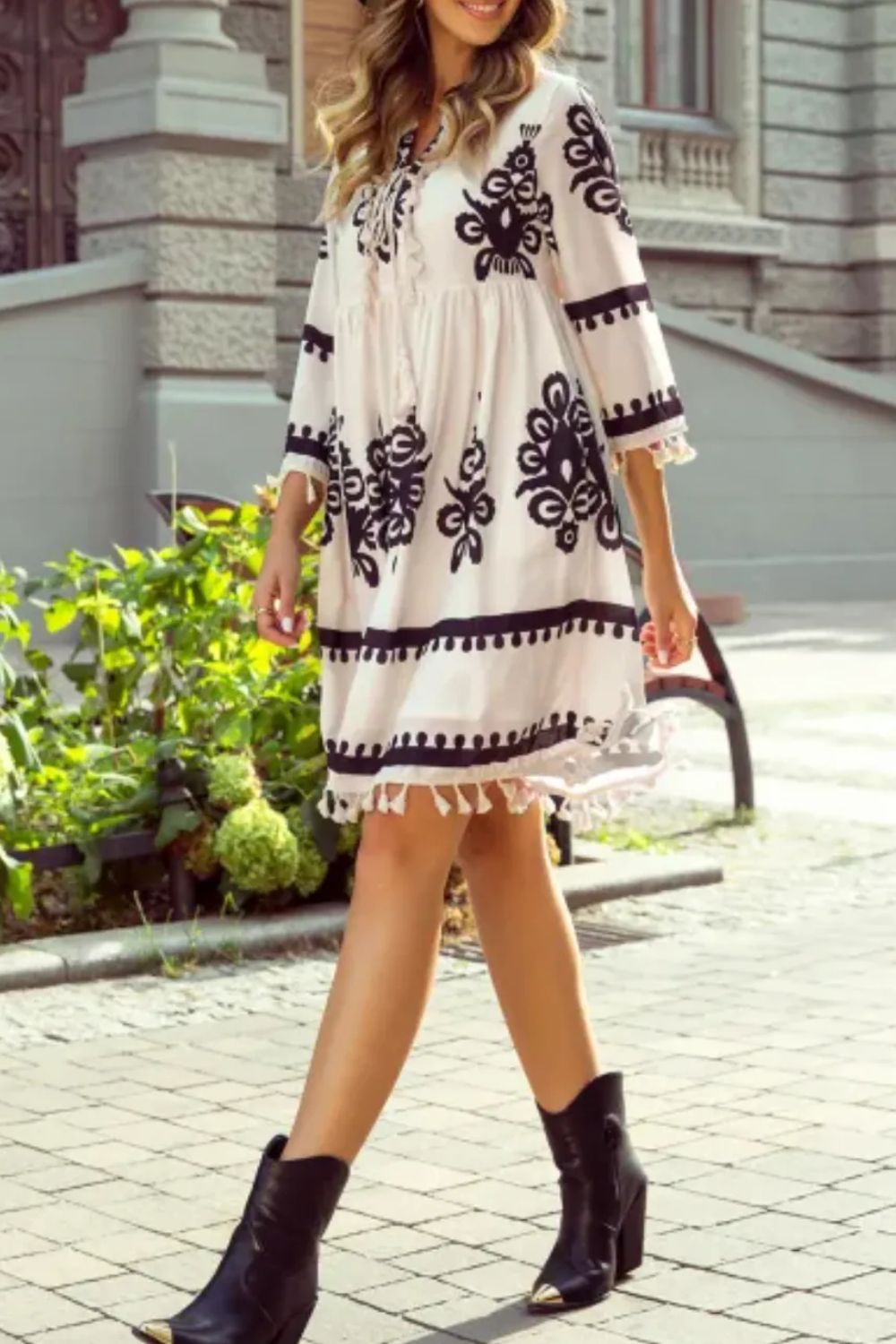 Hazel Blues® | Tassel Hem 3/4 Sleeve Mini Dress