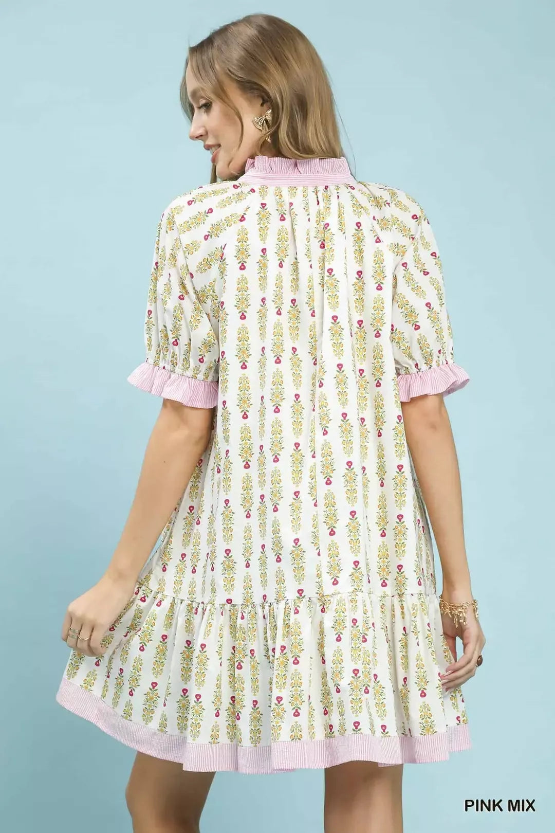 Hazel Blues® | Umgee Striped Trim Floral Tiered Mini Dress