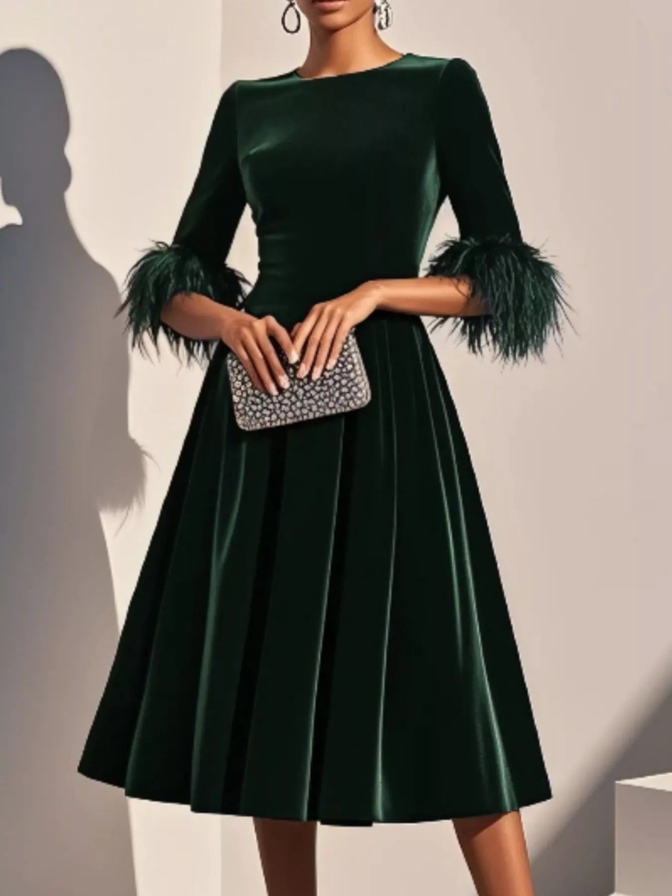 Hazel Blues® | Velvet Midi Dress with Feather Cuffs
