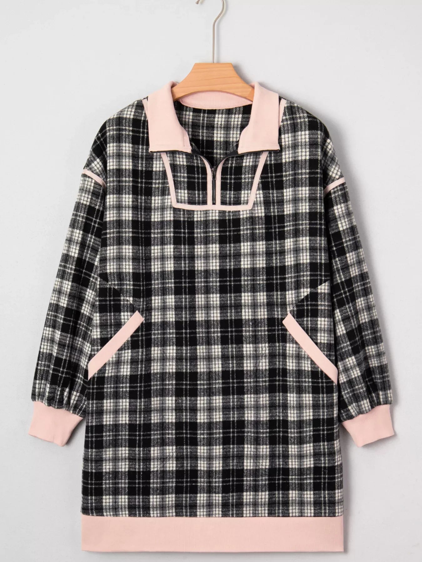 Hazel Blues® | Plaid Polo Collar Zip up Contrast Trim Shift Long Sleeve Mini Dress