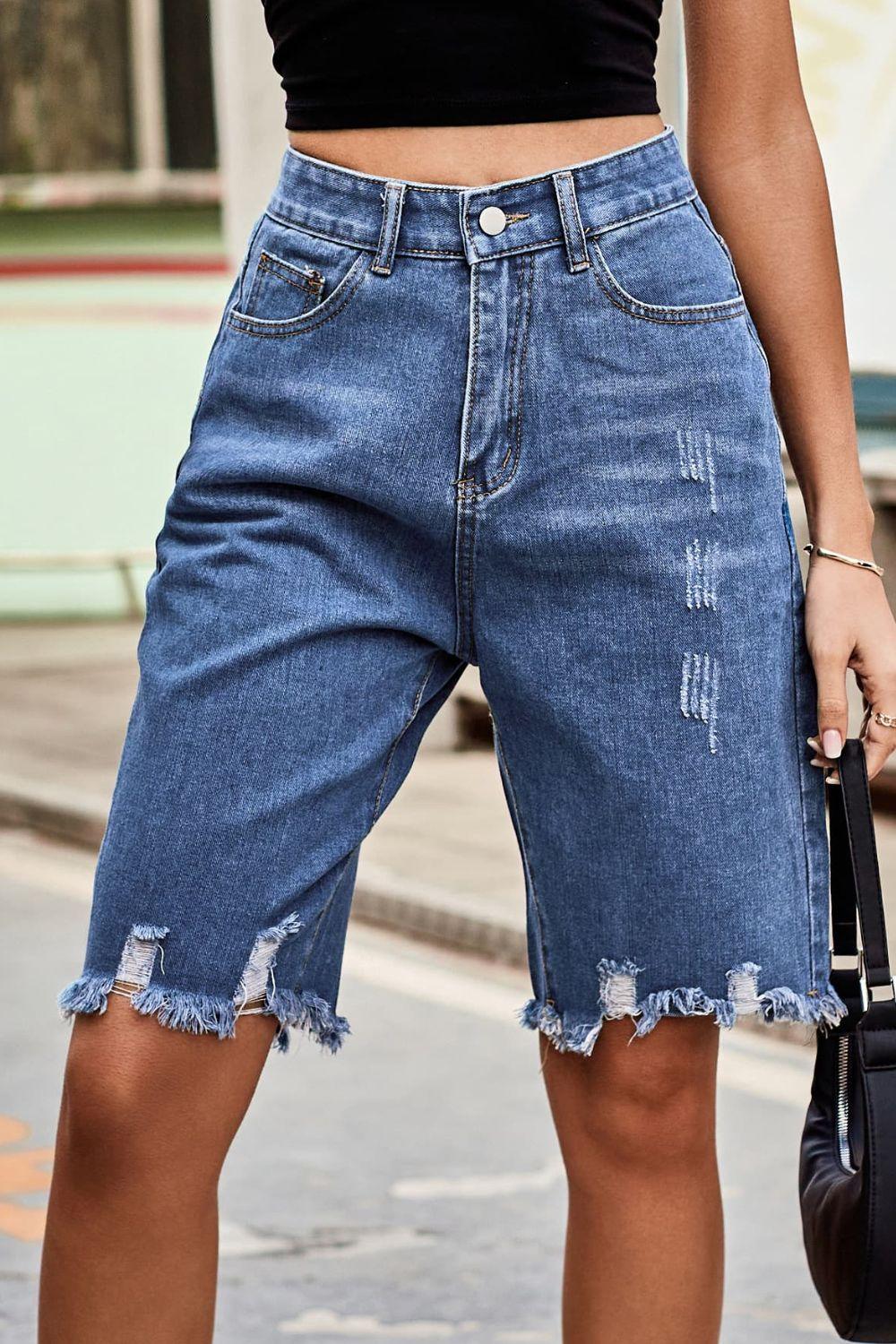 Hazel Blues® | Raw Hem High Waist Denim Shorts with Pockets