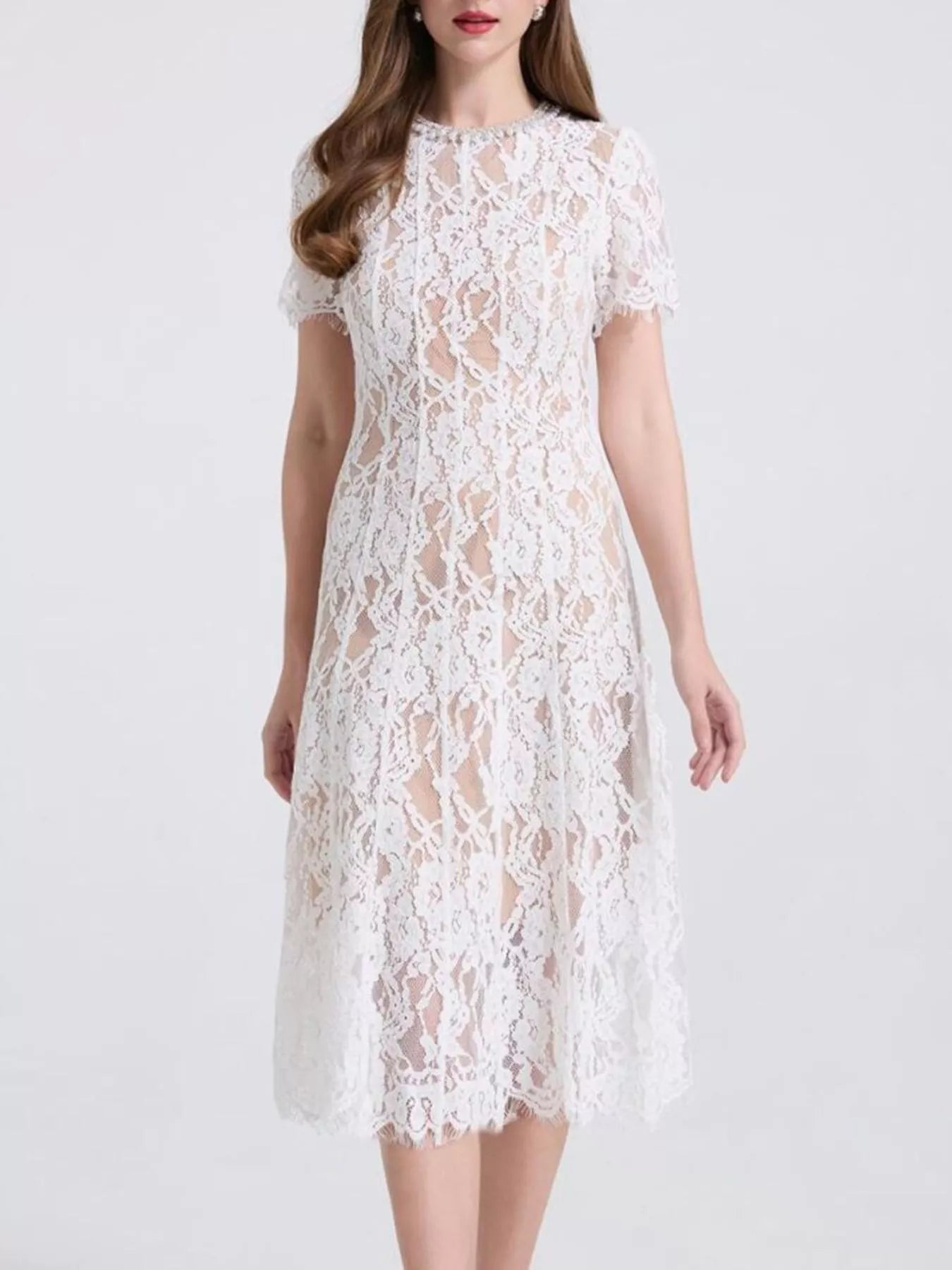 Hazel Blues® | Lace Pearl Neckline Midi Dress