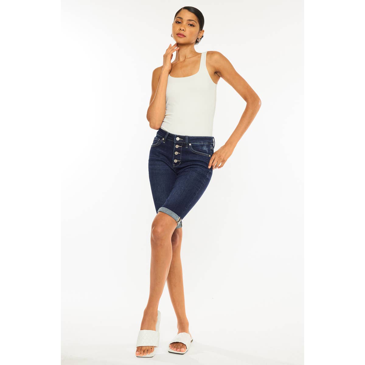 Hazel Blues® | Kan Can High Rise Fly Button Bermuda Shorts: Dark Wash