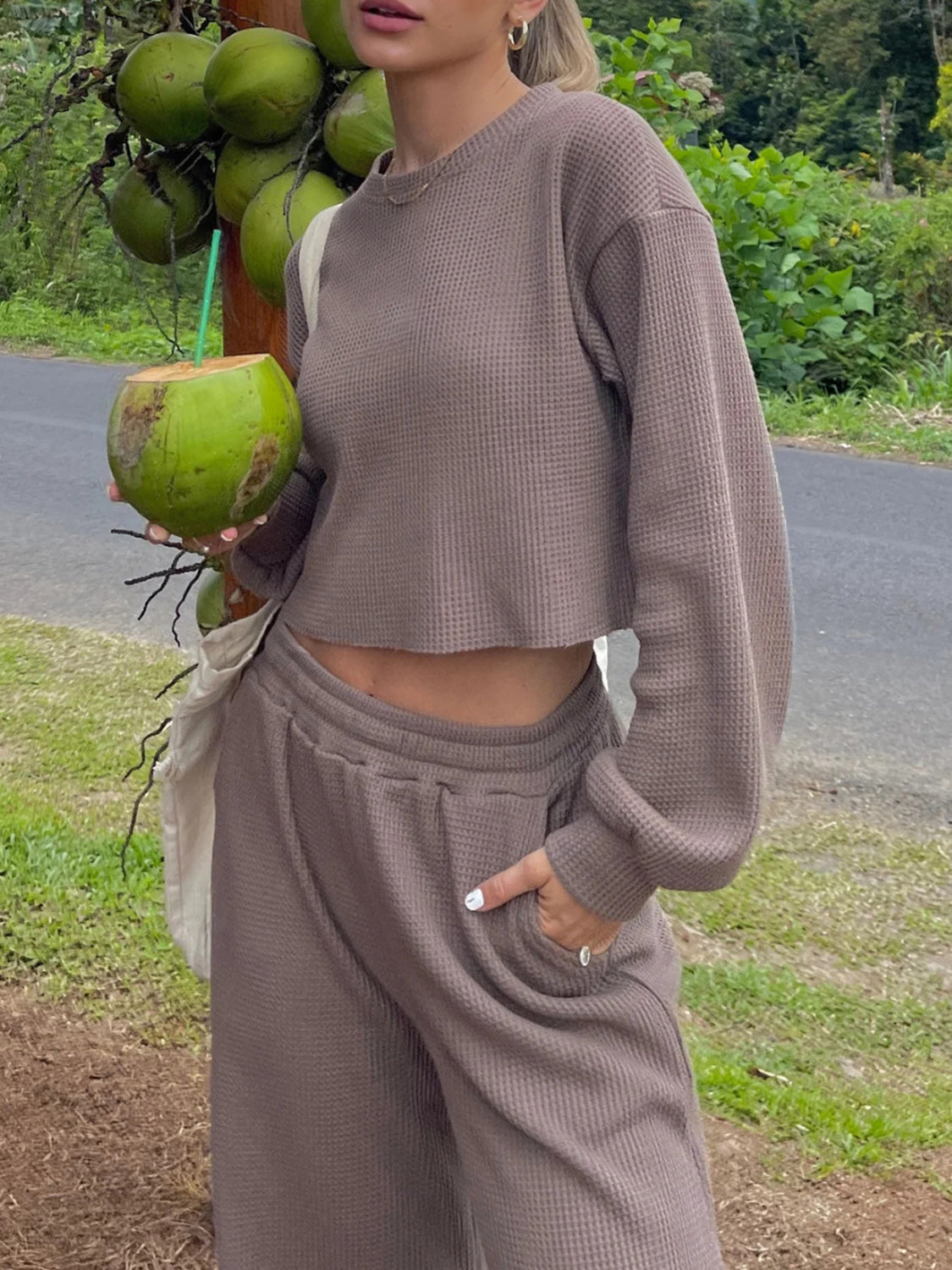 Hazel Blues® | Waffle-Knit Round Neck Top and Pants Set