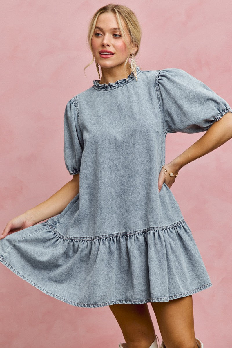 Hazel Blues® | SO ME Denim Short Sleeves Mini Tiered Dress