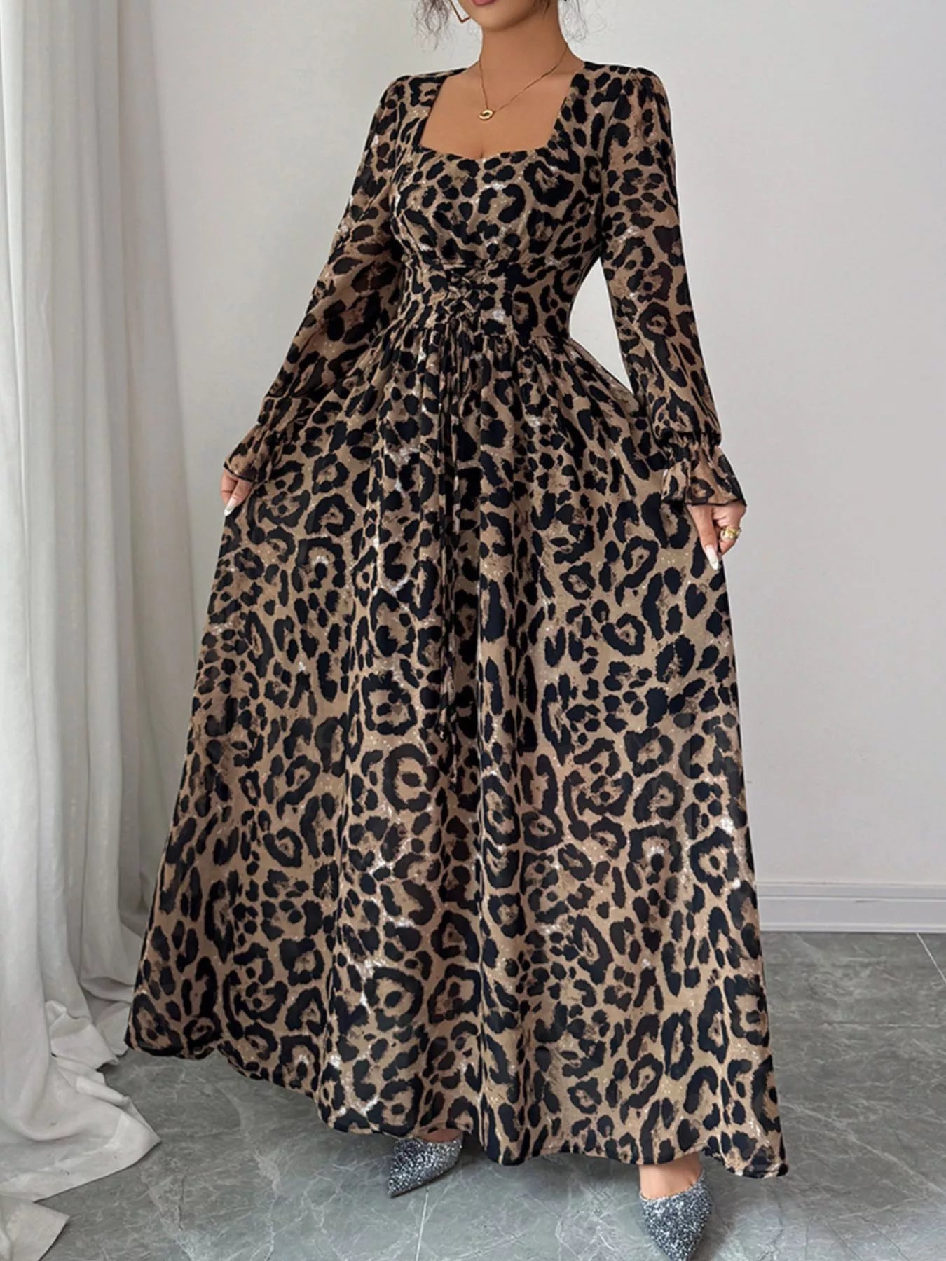 Hazel Blues® | Leopard Sweetheart Neck Flounce Sleeve Maxi Dress