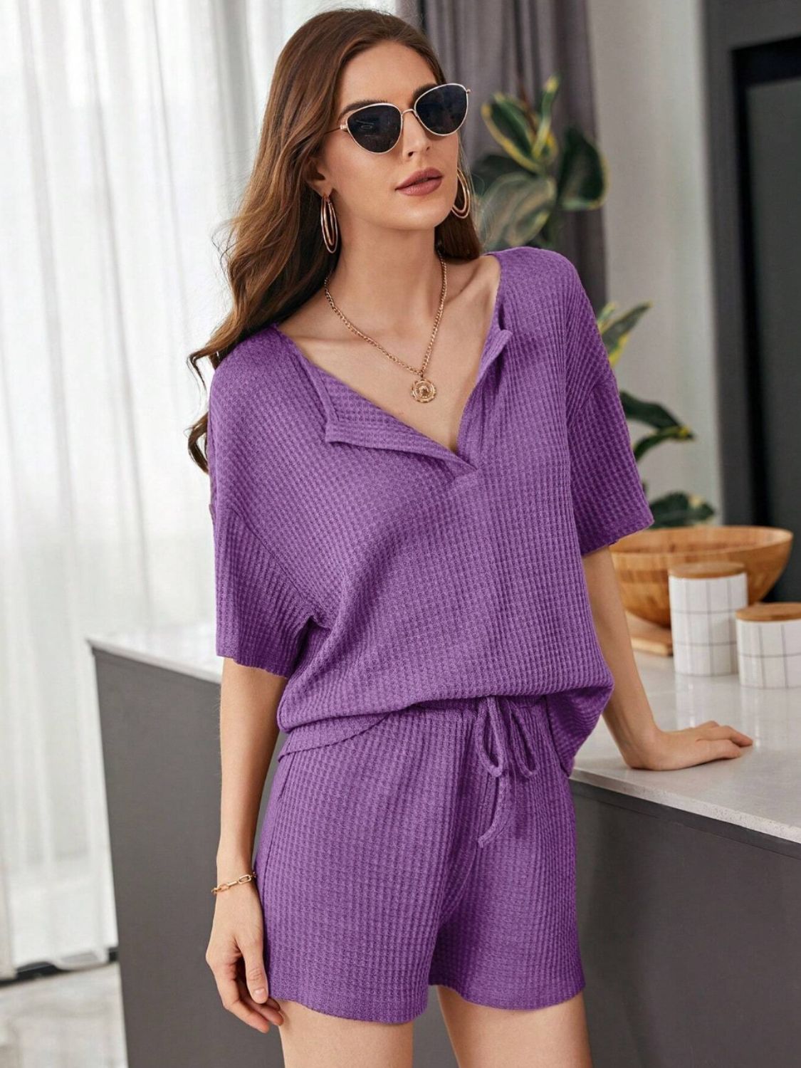 Hazel Blues® | Waffle-Knit Dropped Shoulder Top and Shorts Set
