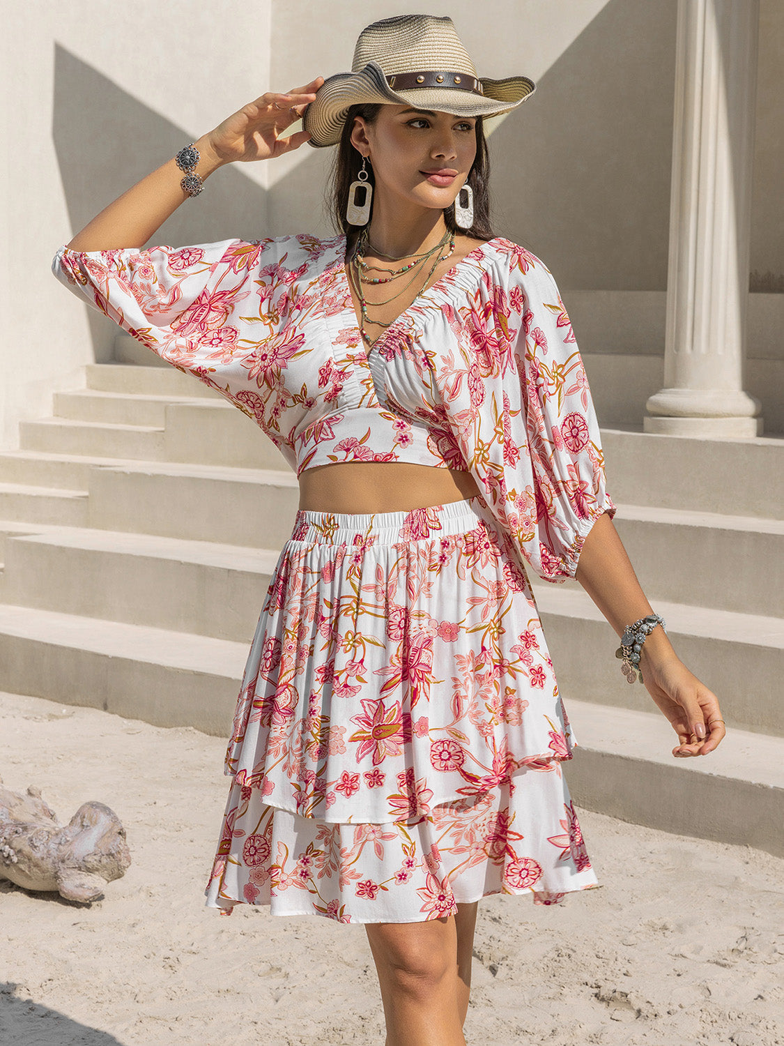 Hazel Blues® | Printed Half Sleeve Top and Layered Skirt Set