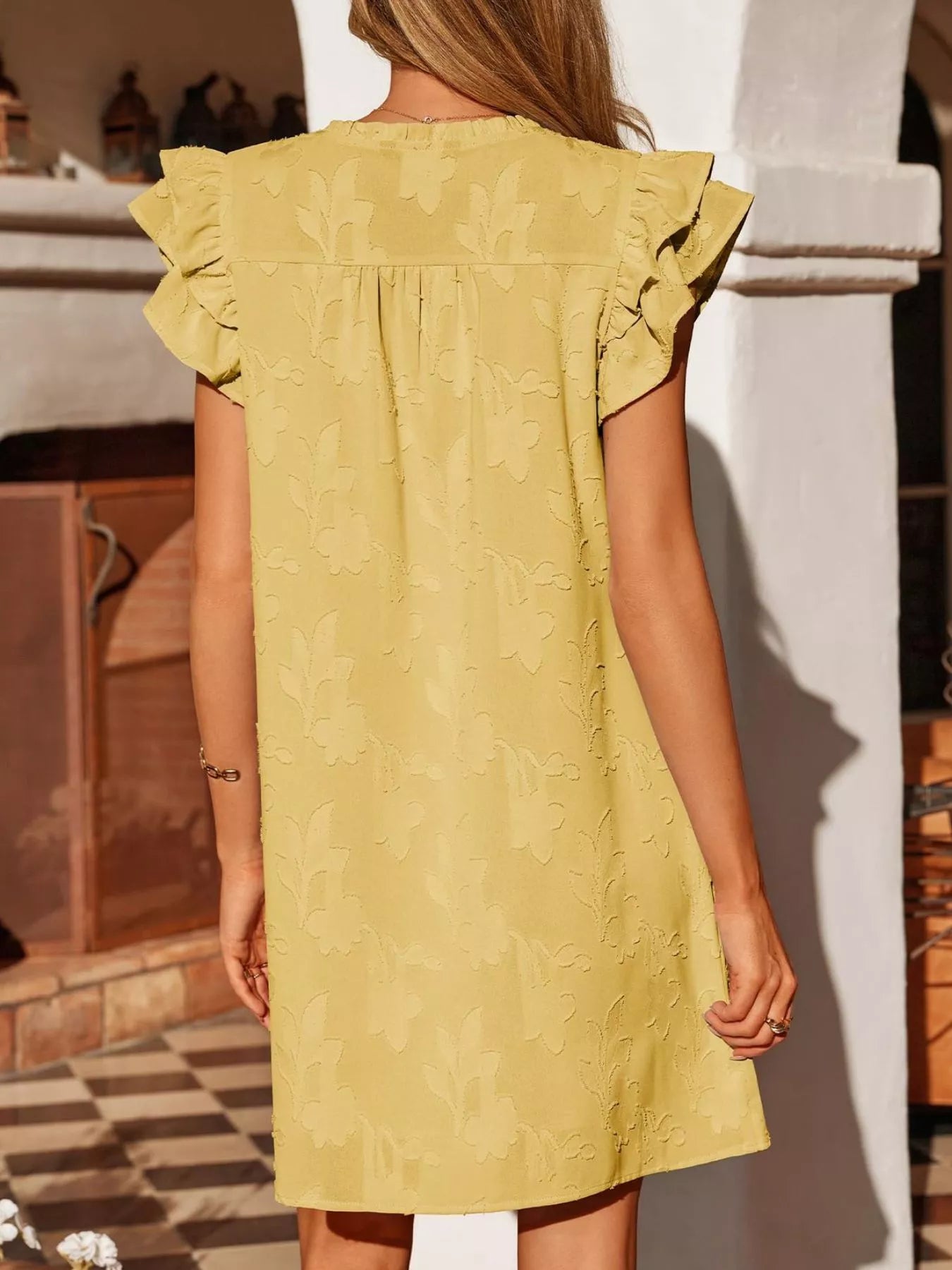 Hazel Blues® | Floral Embossed Ruffle Sleeve Mini Dress