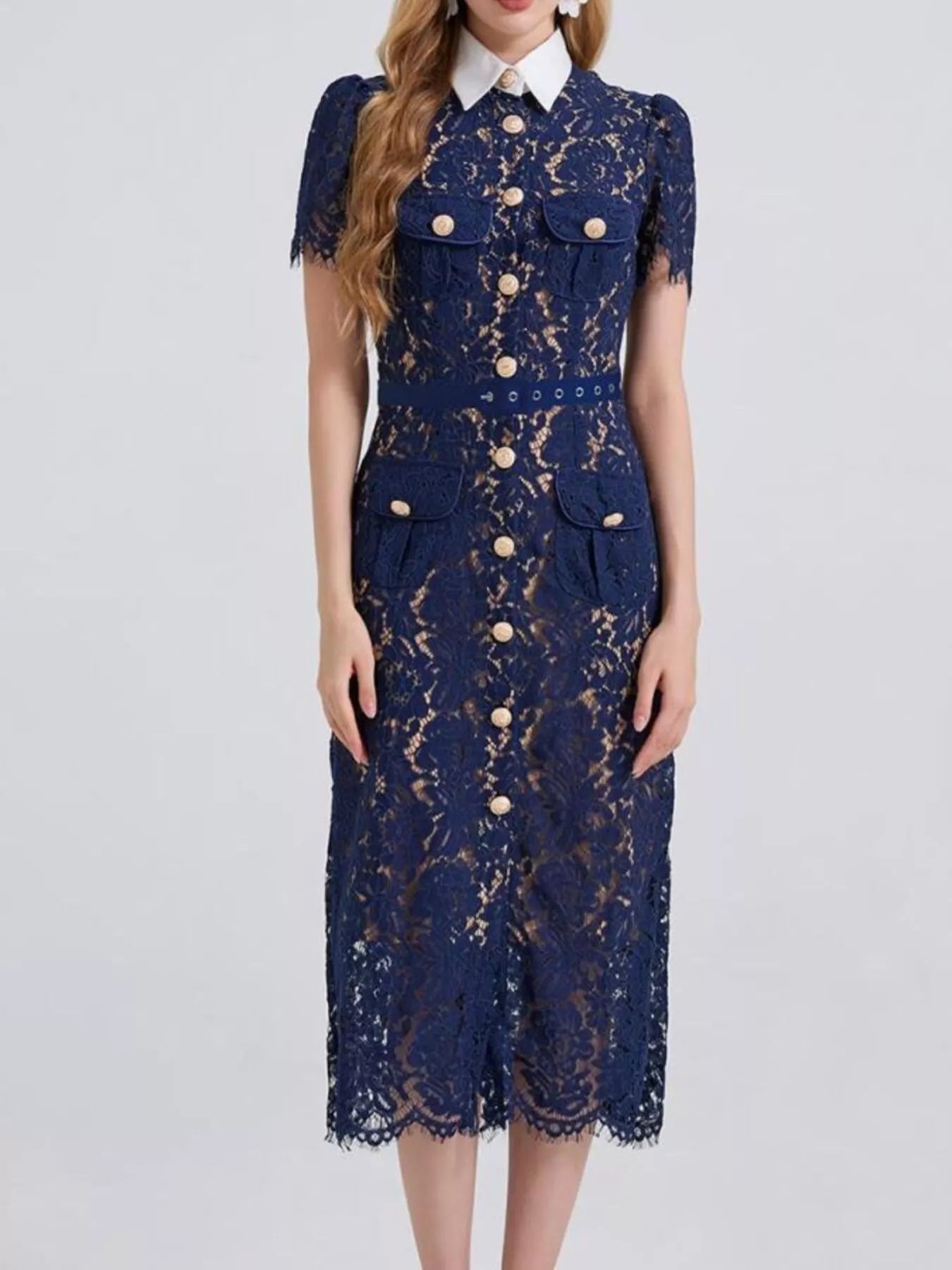 Hazel Blues® | Lace Button-Down Midi Dress