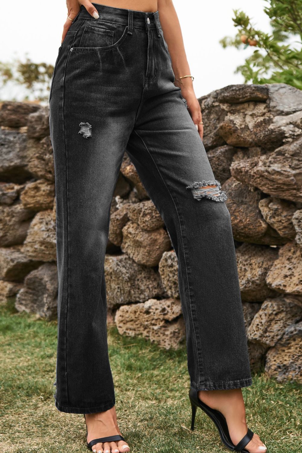 Hazel Blues® | Distressed Buttoned Loose Fit Jeans