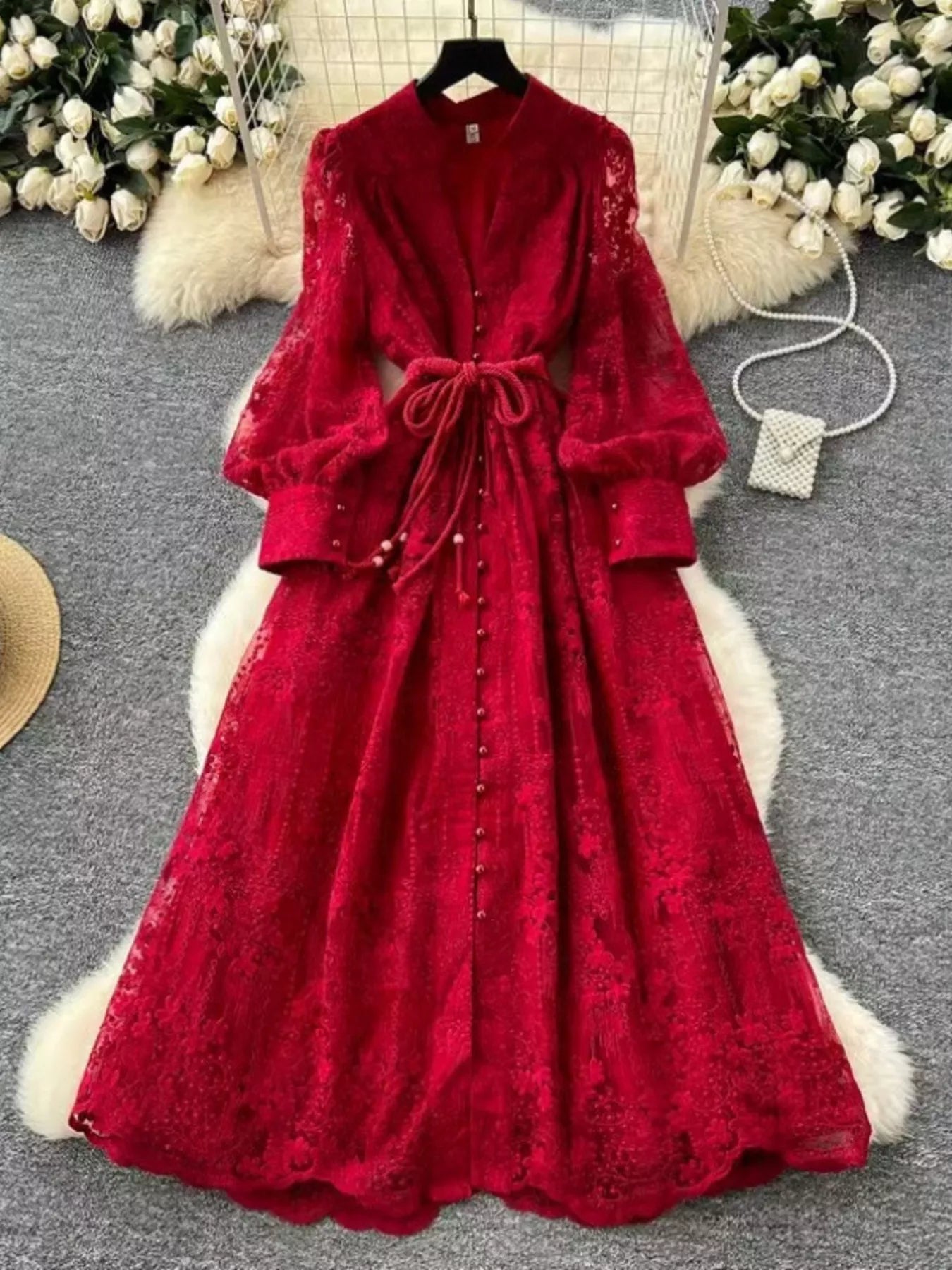 Hazel Blues® | Lace Tie Waist Long Sleeve Dress
