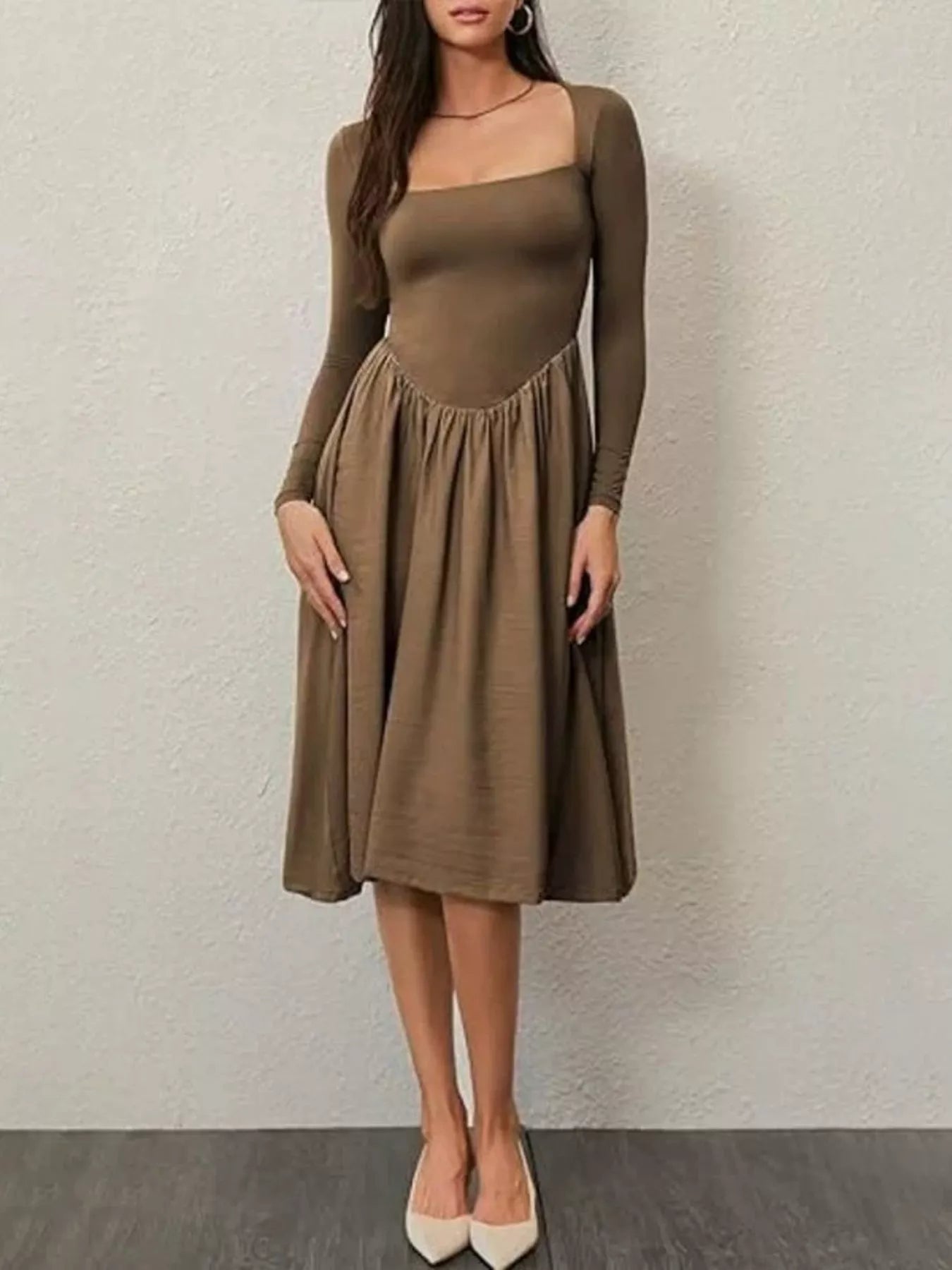 Hazel Blues® | Square Neck Long Sleeve Midi Dress
