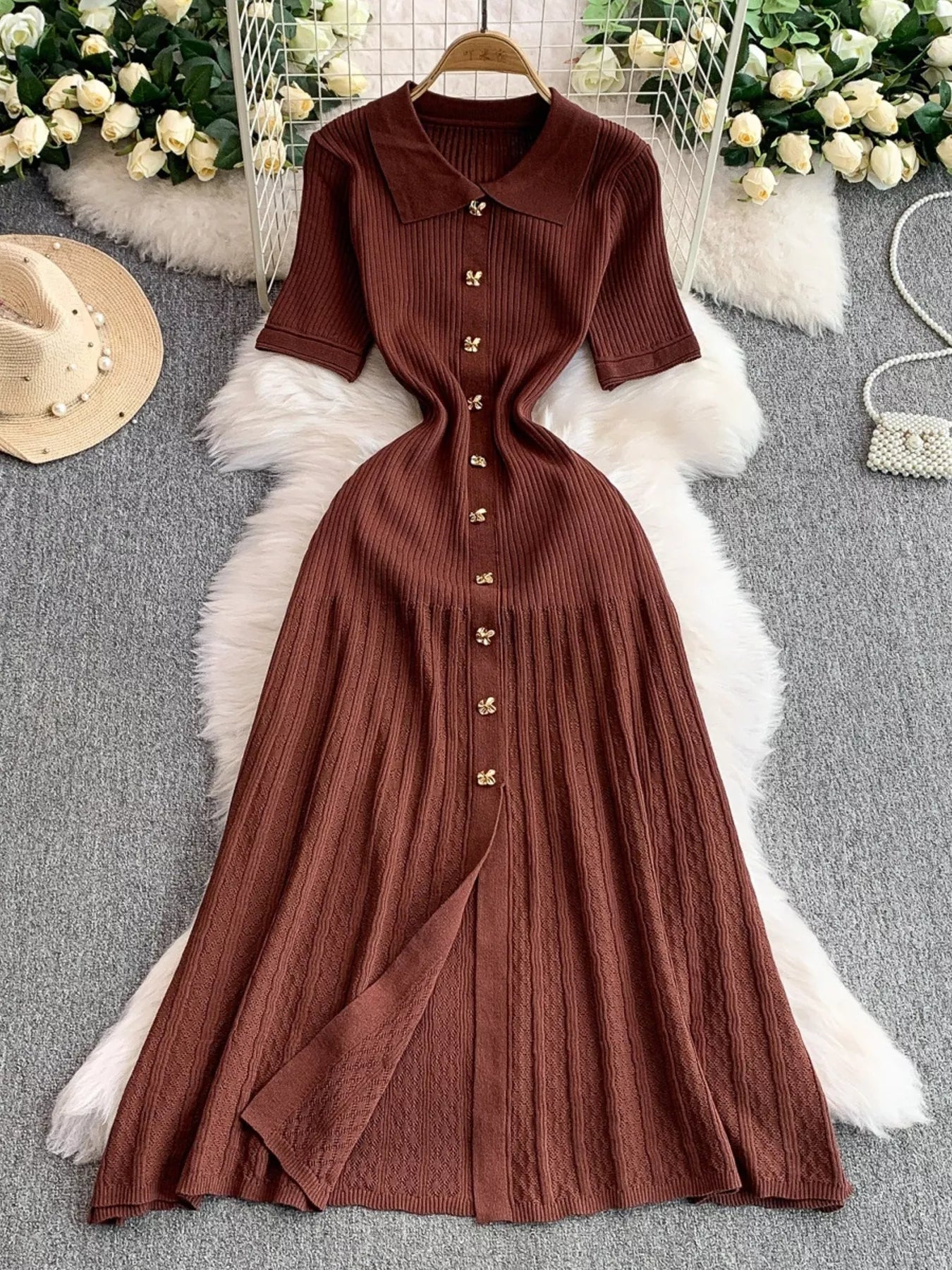 Hazel Blues® | Button Front Ribbed Knit Midi Dress