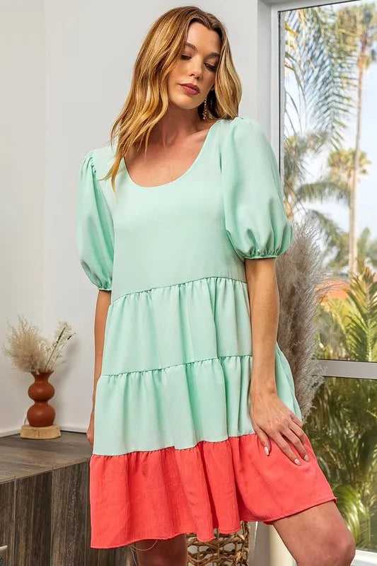 Hazel Blues® | BiBi Two-Tone Balloon Sleeves U Neck Tiered Ruffle Hem Mini Dress
