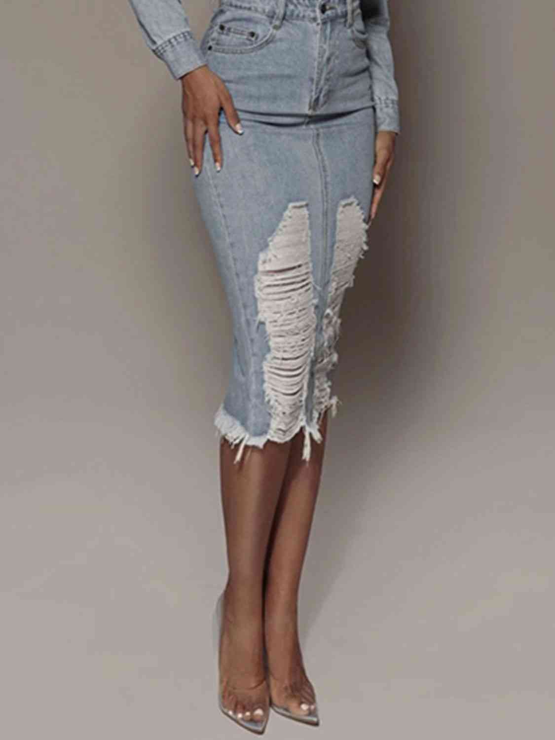Hazel Blues® | Distressed Slit Denim Skirt