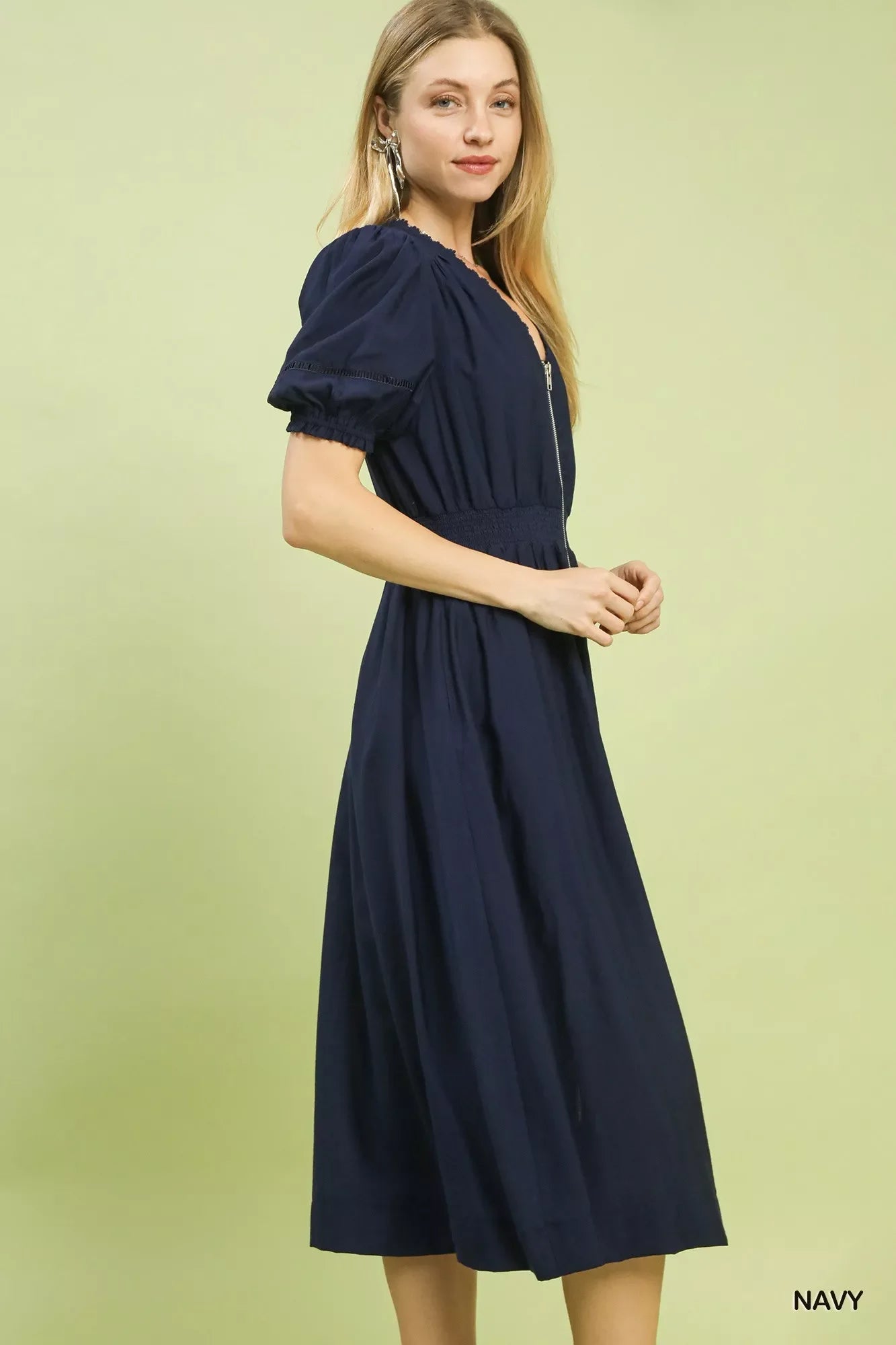 Hazel Blues® | Umgee Zip-Front Smocked Waist Midi Dress