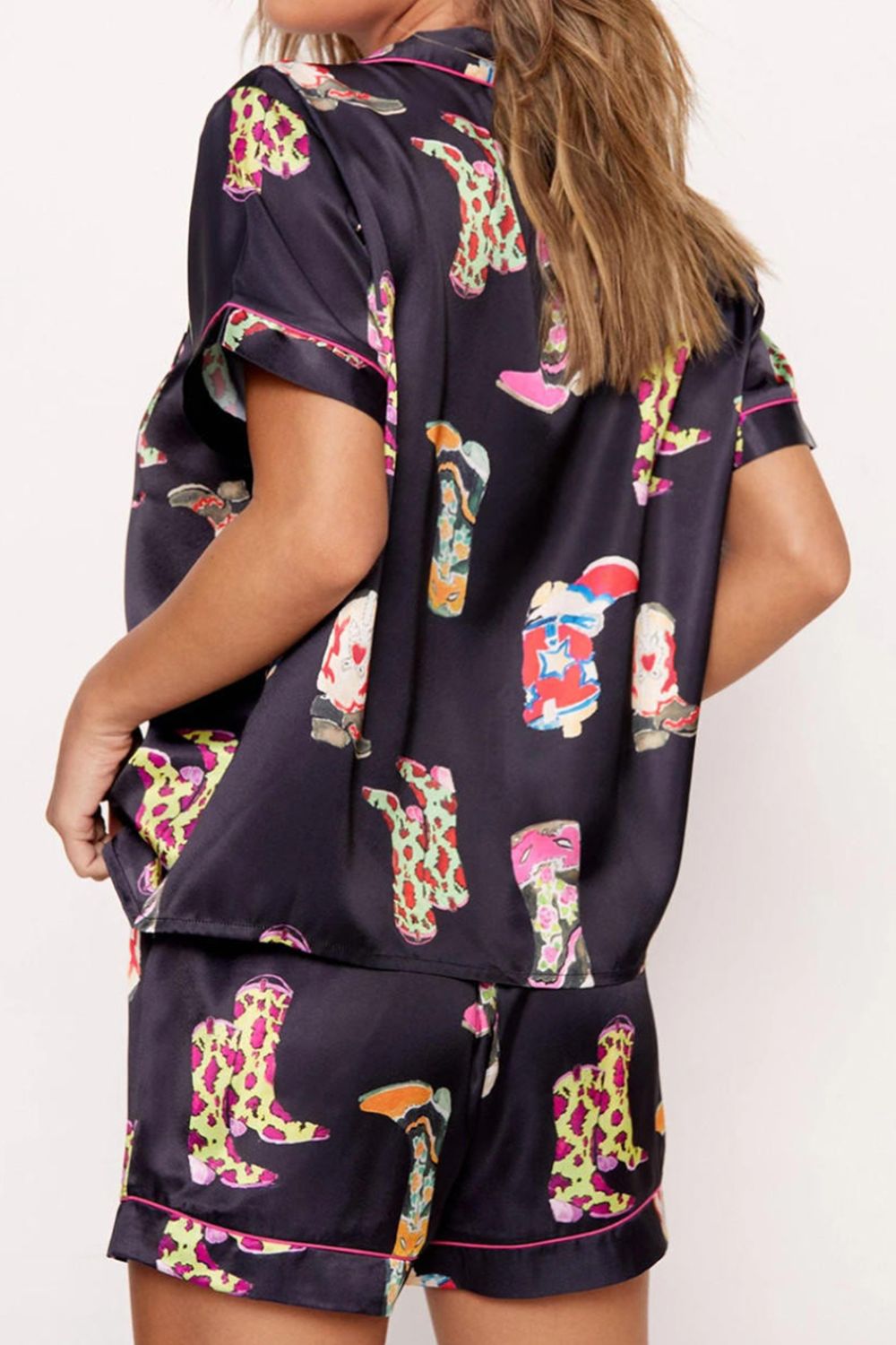 Hazel Blues® | Printed Button Up Short Sleeve Top and Shorts Lounge Set
