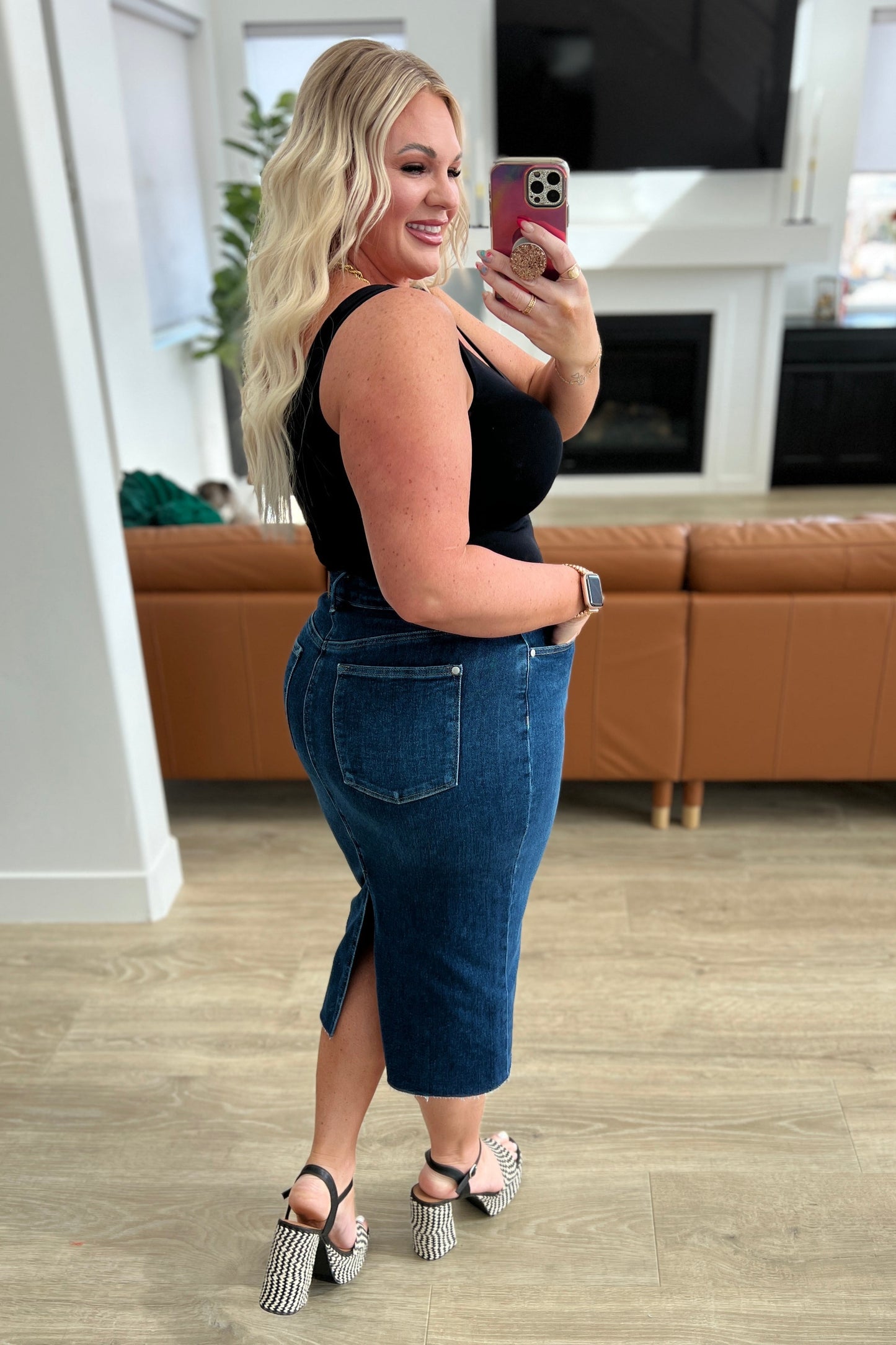 Hazel Blues® | Marcy High Rise Denim Midi Skirt