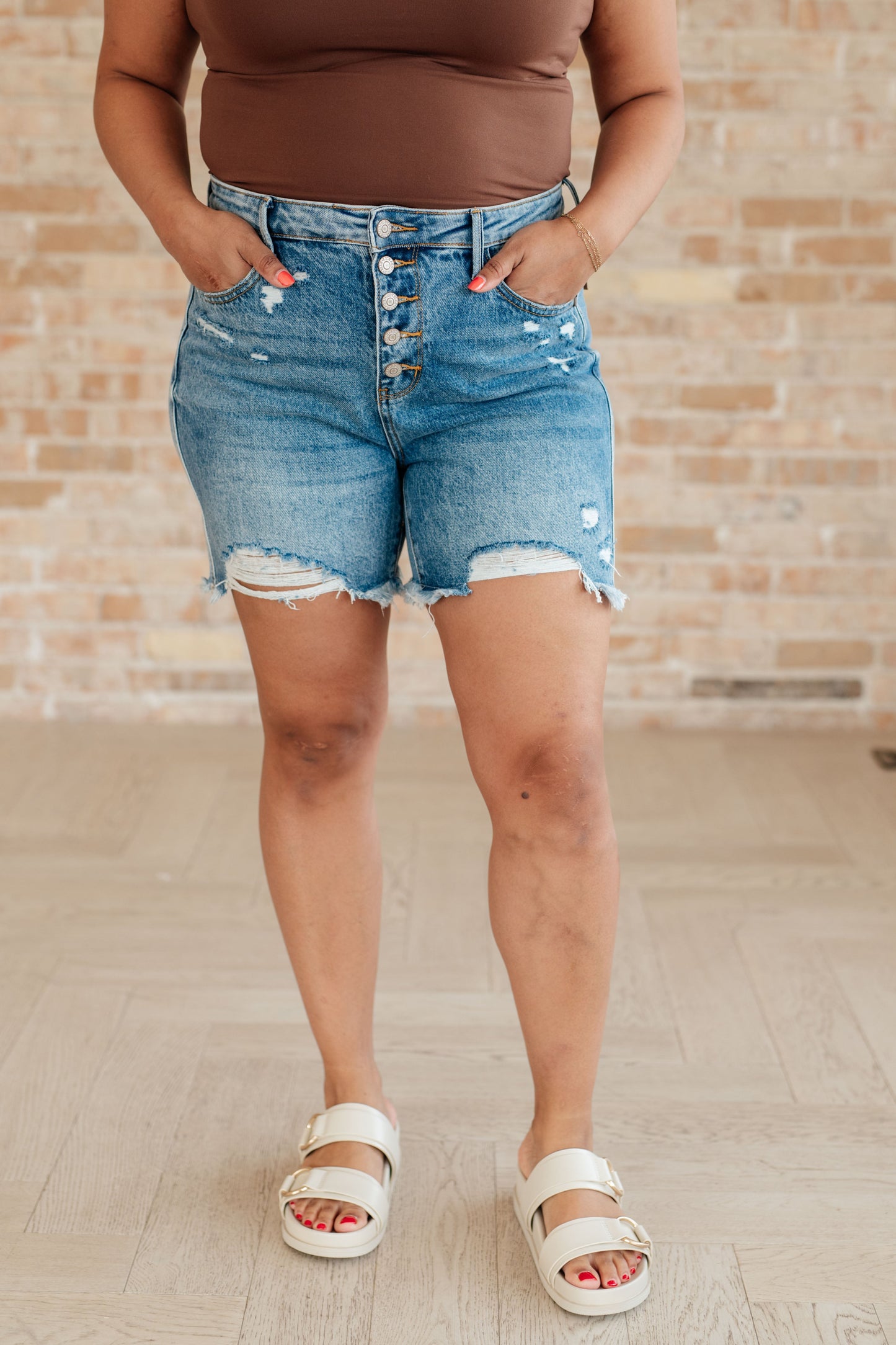 Hazel Blues® | Kara High Rise Rigid Magic Button Fly Cutoff Shorts
