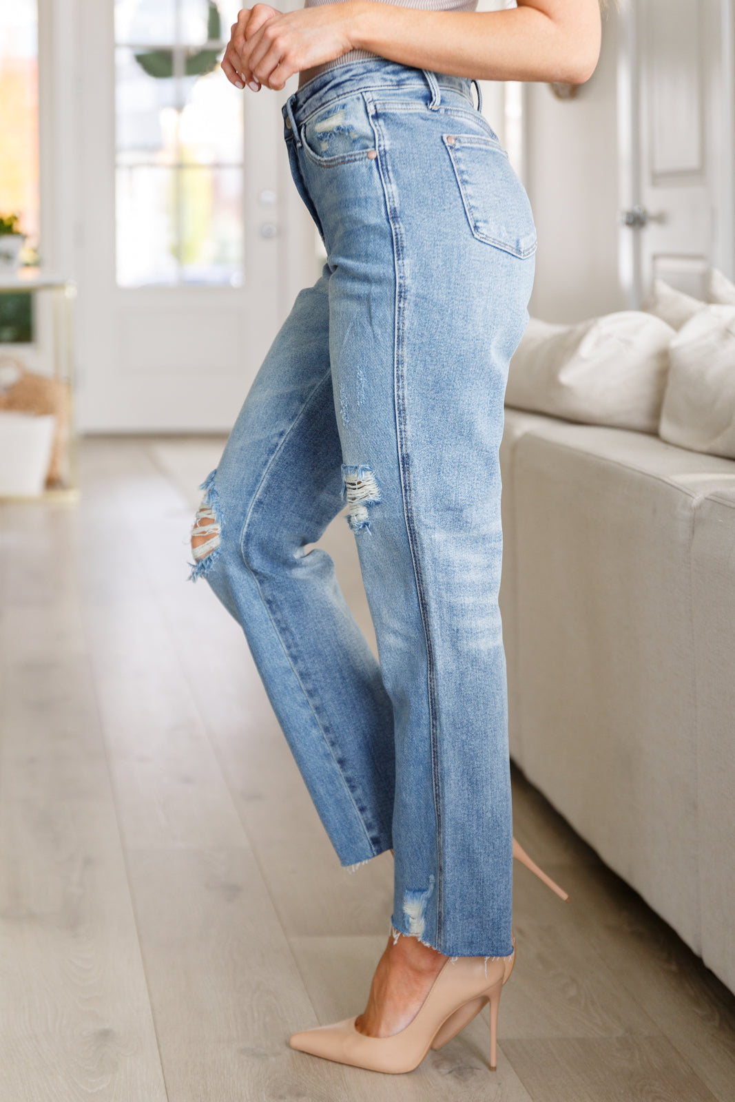 Hazel Blues® | Nora High Rise Rigid Magic Destroy Slim Straight Jeans
