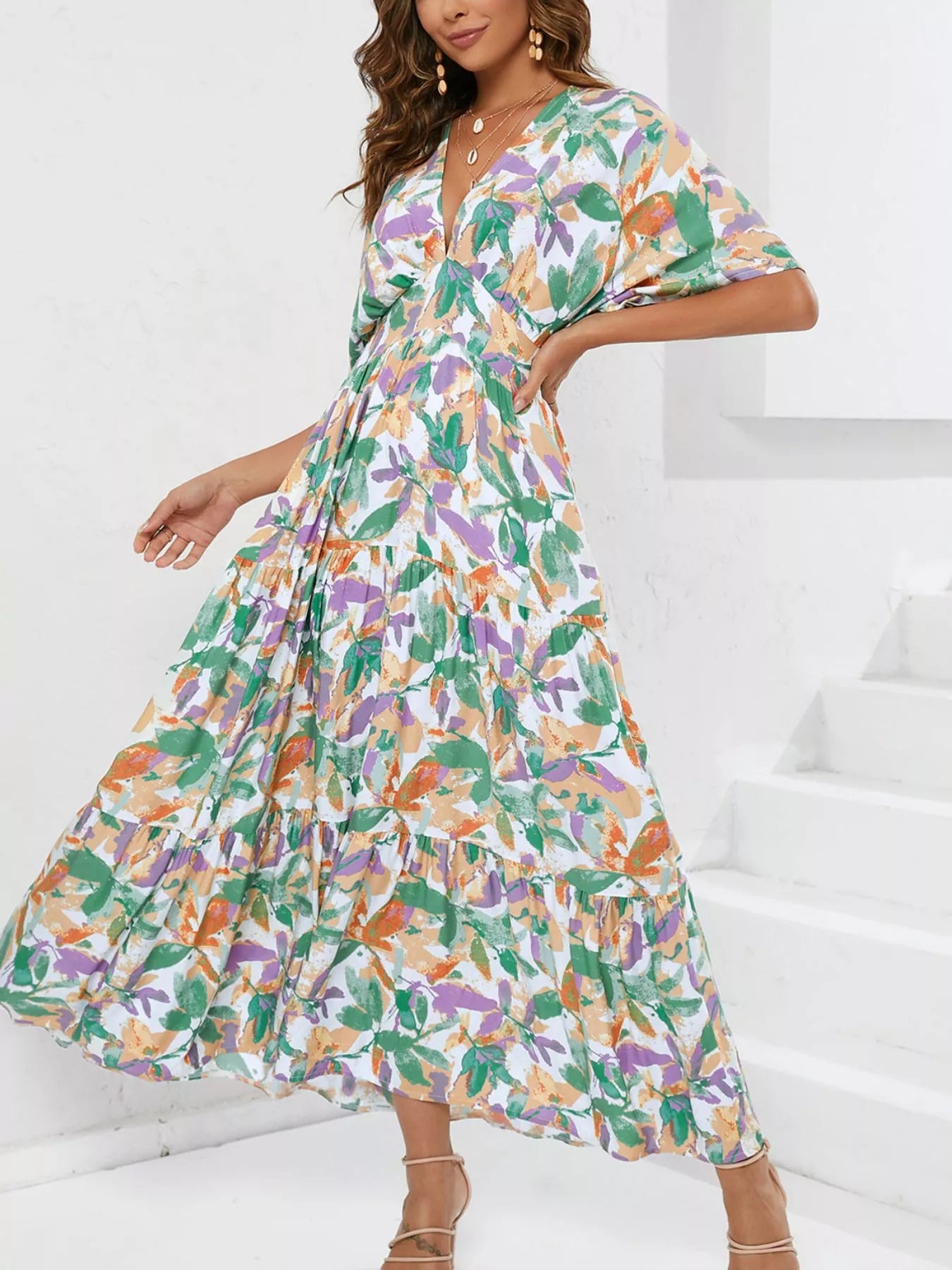 Hazel Blues® | Printed V-Neck Ruffle Hem Flowy Midi Dress