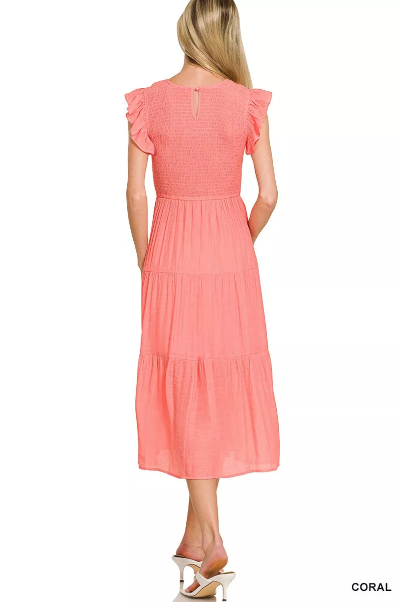 Hazel Blues® | Zenana Woven Smocked Ruffle Sleeve Midi Dress