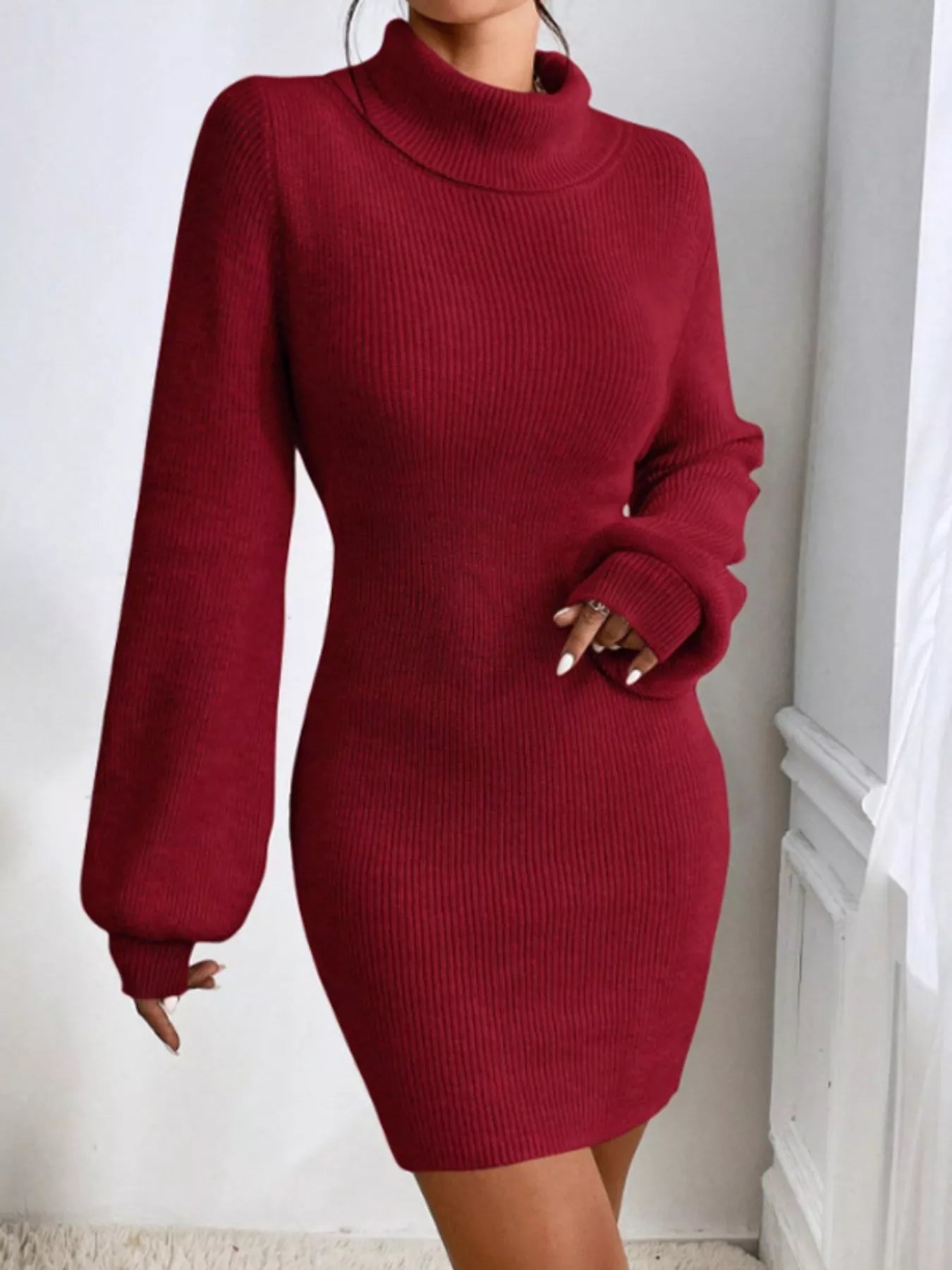 Hazel Blues® | Turtleneck Ribbed Knit Sweater Dress
