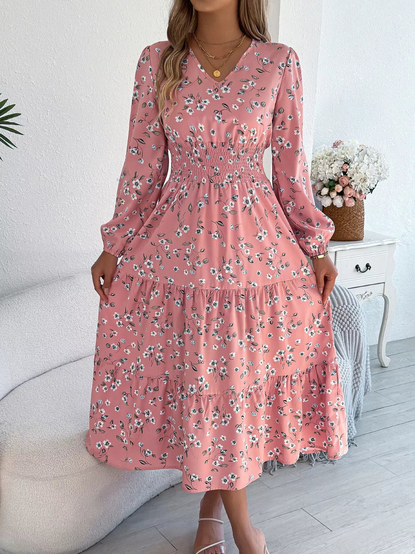 Hazel Blues® | Floral Print Long Sleeve V-Neck Midi Dress