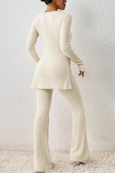 Hazel Blues® | Ribbed Long Sleeve Slit Top and Bootcut Pants Set