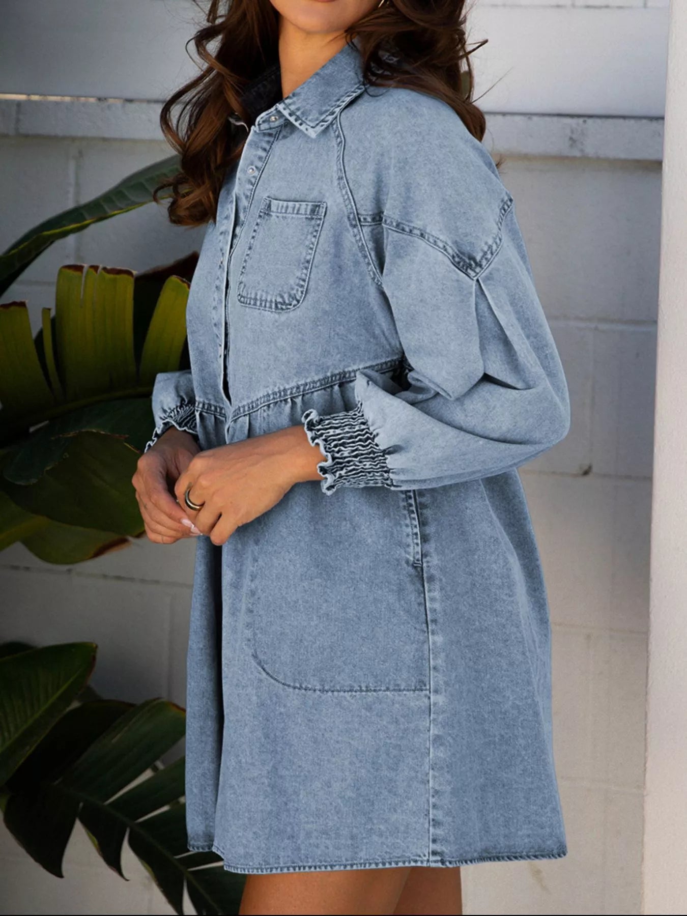 Hazel Blues® | Smocked Cuffs Flared Denim Shirt Mini Dress