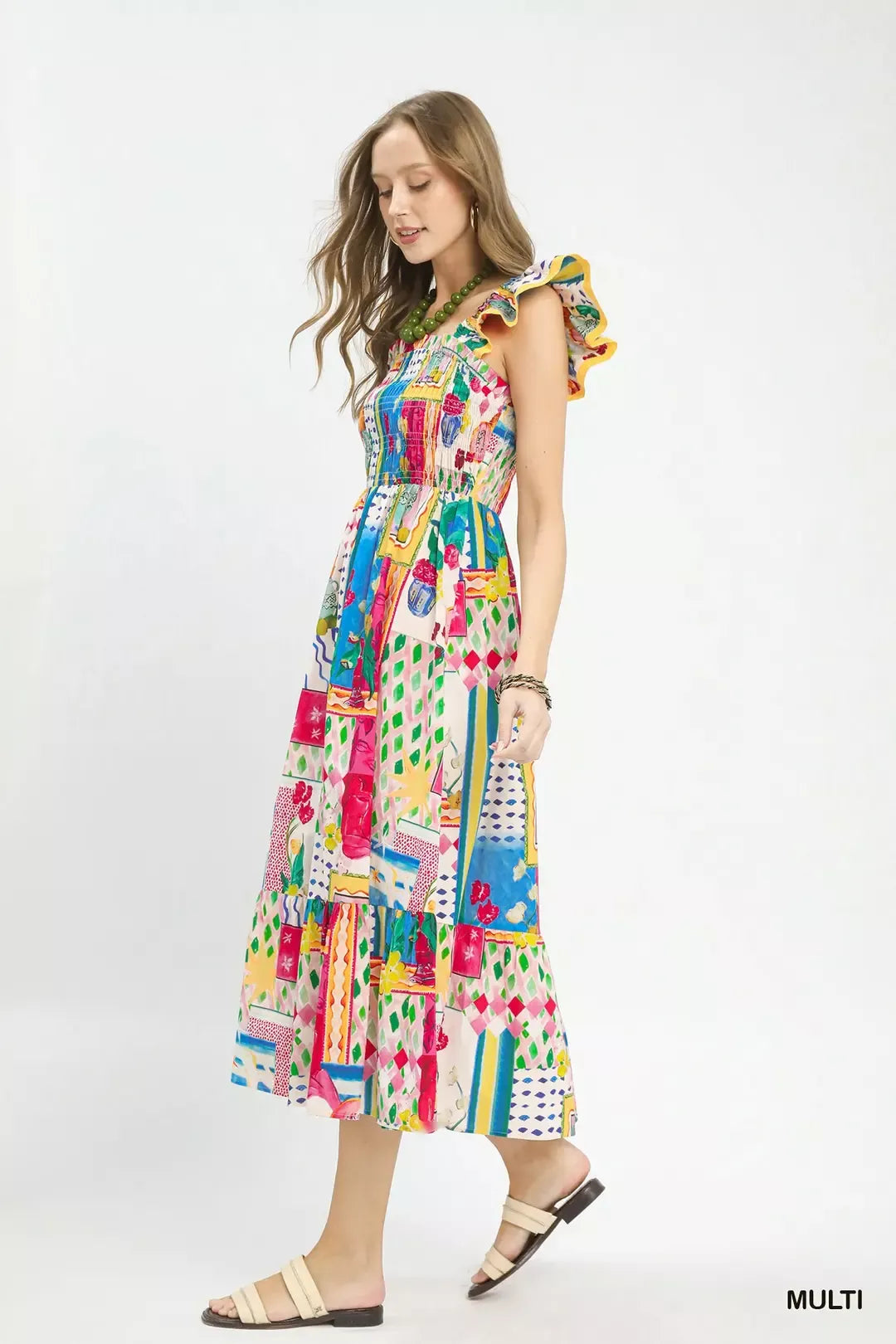 Hazel Blues® | Umgee Abstract Print Smocked Ruffle Sleeve Tiered Midi Dress