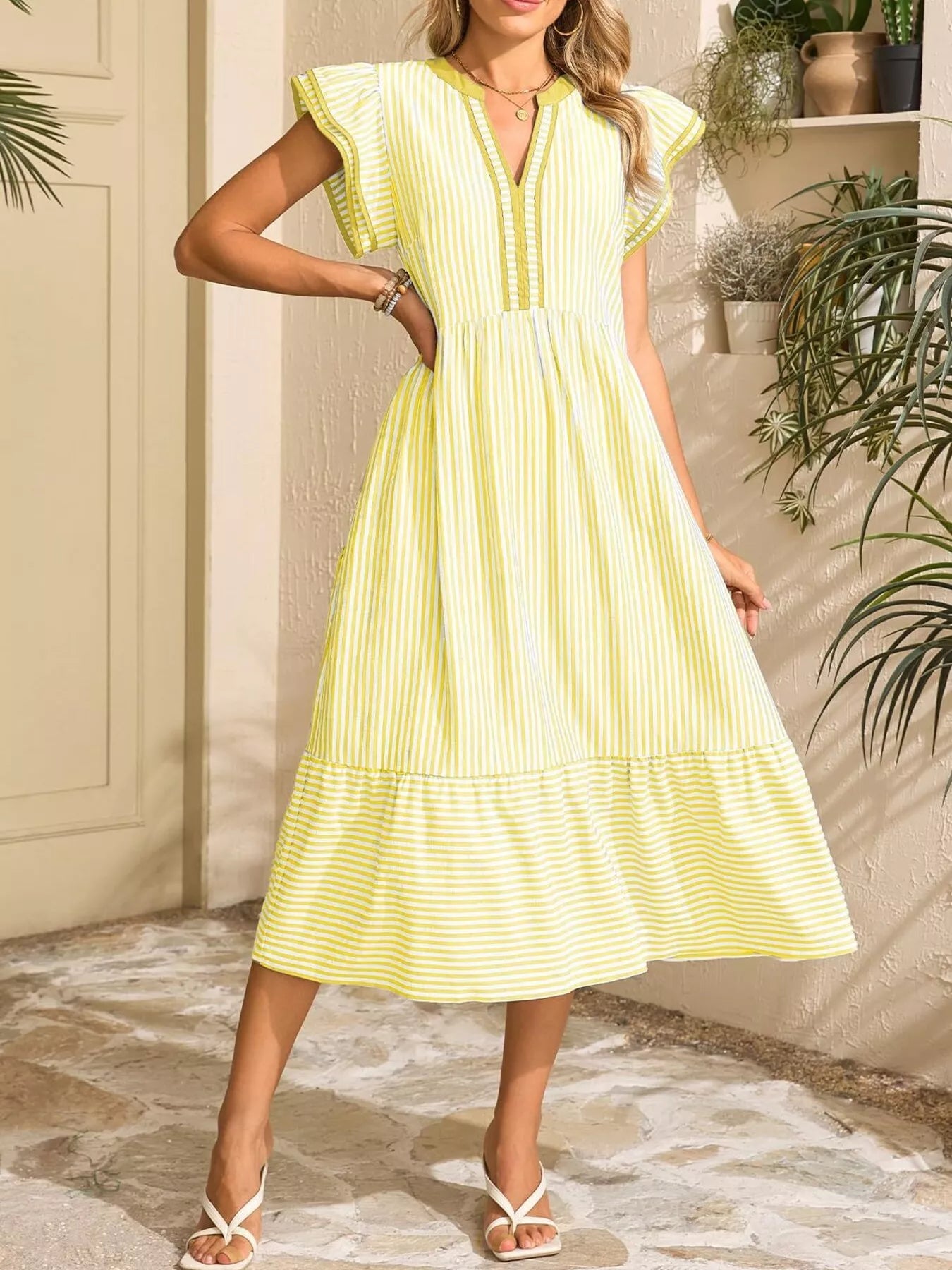 Hazel Blues® | Striped Notched Ruffle Sleeve Dress