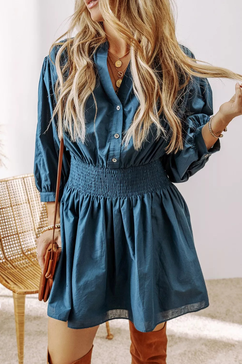 Hazel Blues® | Smocked Button Front Mini Dress