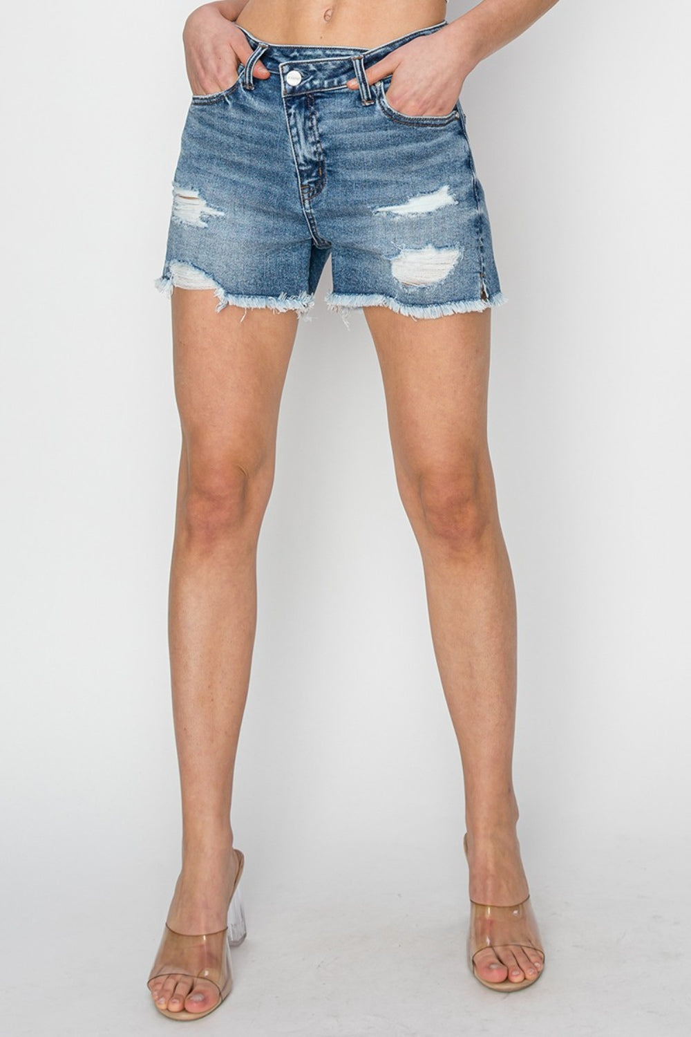 Hazel Blues® | RISEN Stepped Waist Frayed Denim Shorts