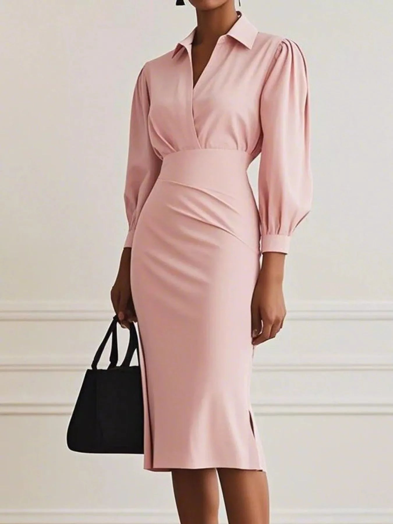 Hazel Blues® | Ruched Midi Shirt Dress with Side Slit