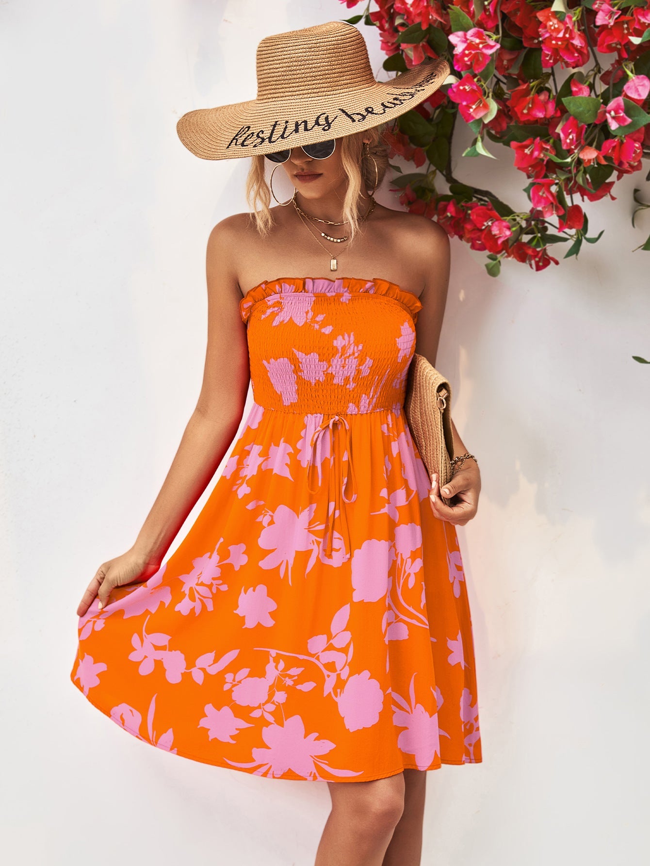 Hazel Blues® | Floral Frill Trim Strapless Smocked Dress