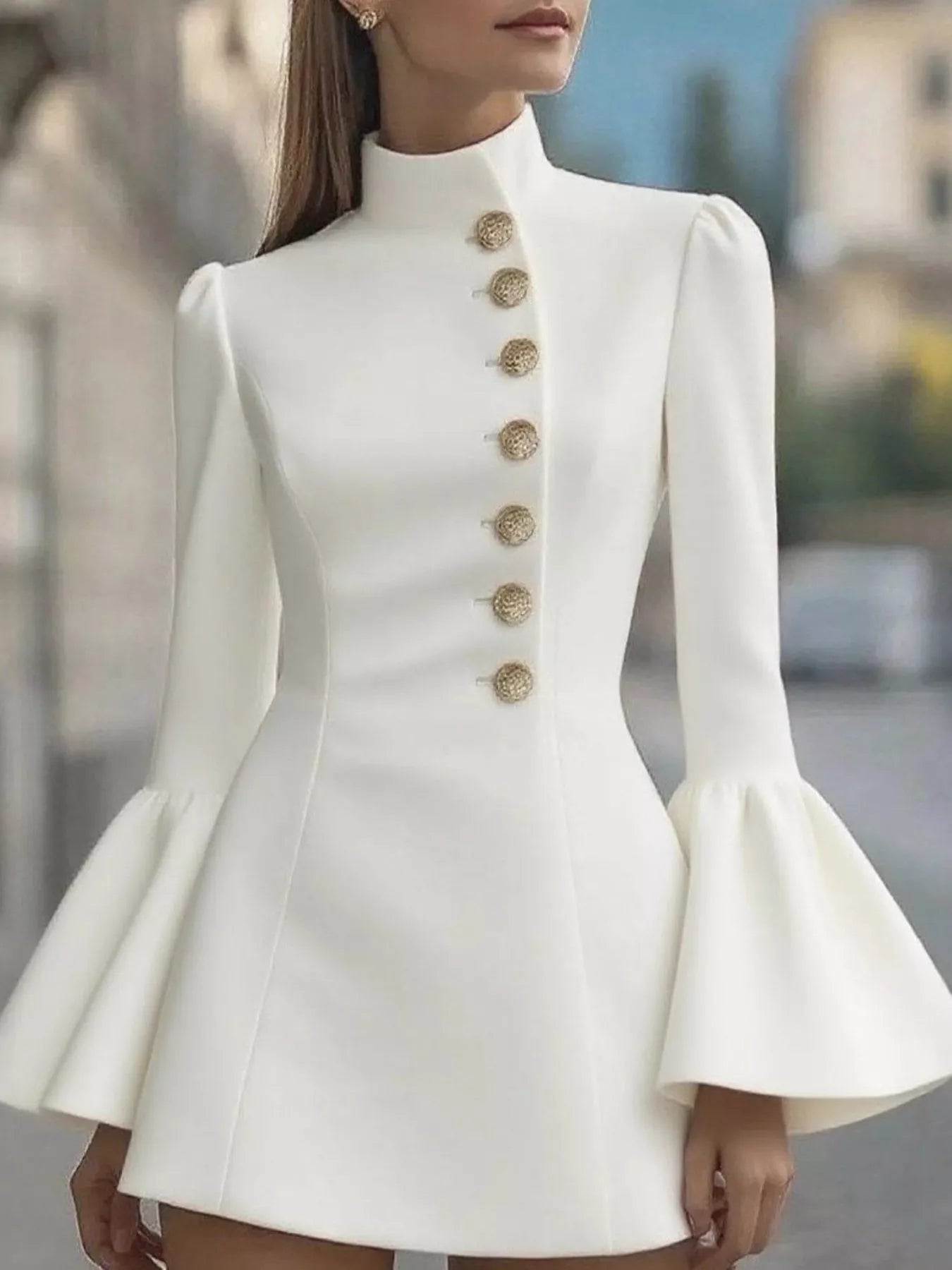 Hazel Blues® | Bell Sleeve Mini Dress with Front Button