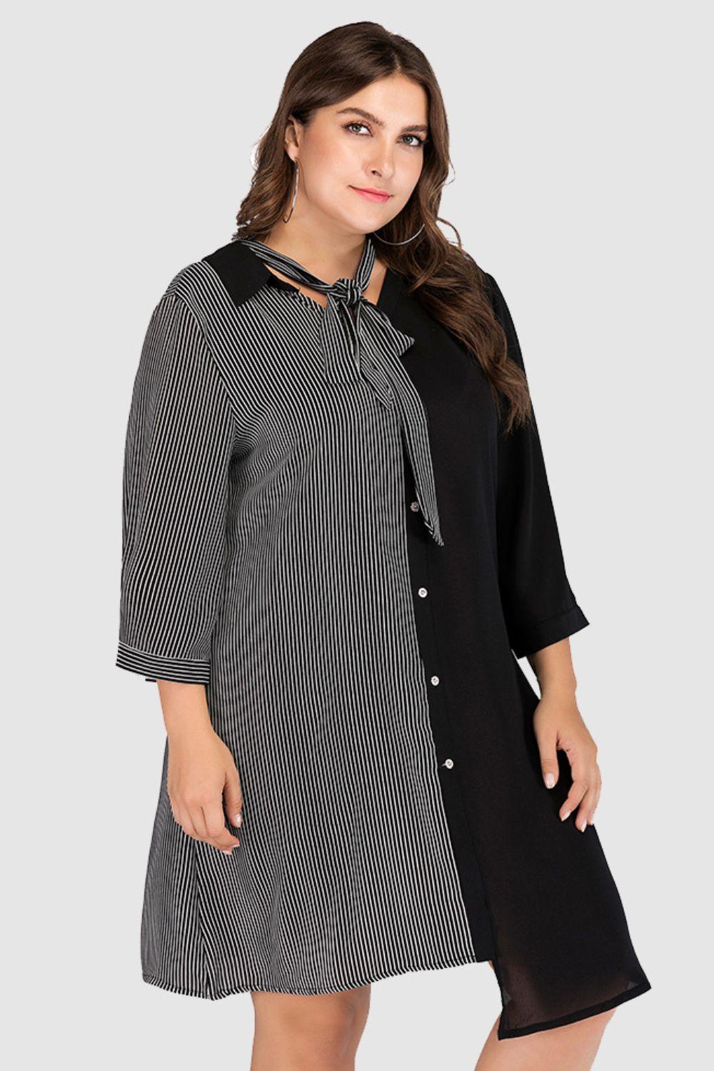 Hazel Blues® | Striped Color Block Tie-Neck Dress