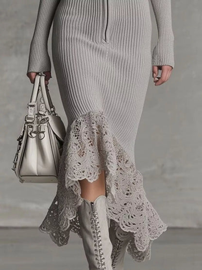 Hazel Blues® |  Hooded Ribbed Knit Lace Hem Midi Dress