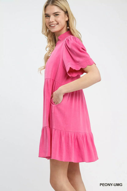 Hazel Blues® |  Umgee Linen Tiered Babydoll Dress with Scalloped Sleeves