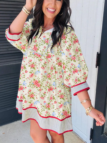 Hazel Blues® |  Striped Edge 3/4 Puff Sleeve Floral Dress