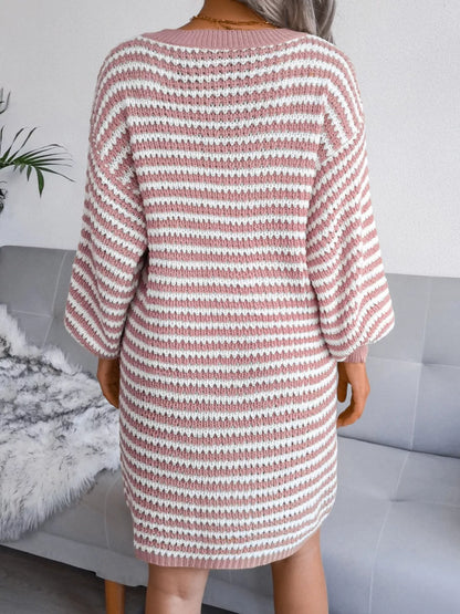 Hazel Blues® |  Striped V-Neck Long Sleeve Sweater Dress