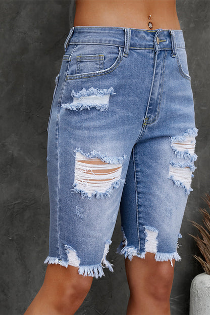 Hazel Blues® |  Distressed Frayed Hem Denim Bermuda Shorts