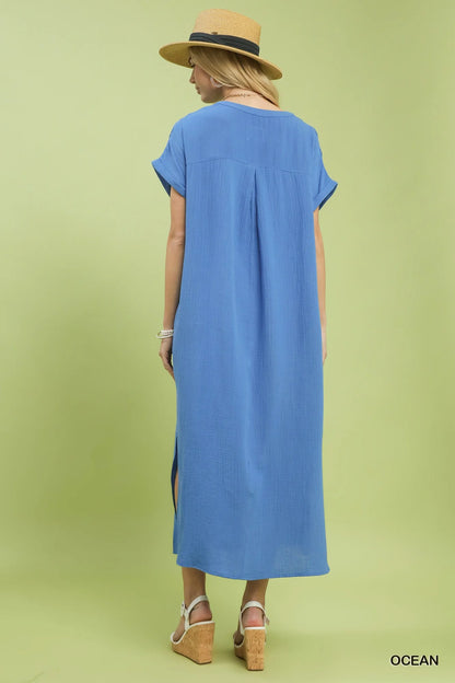 Hazel Blues® |  Umgee Button-Front Gauze Midi Dress with Lace Detail