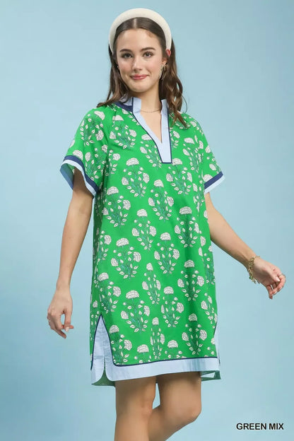 Hazel Blues® |  Umgee Printed Split Neck Short Sleeve Shift Dress