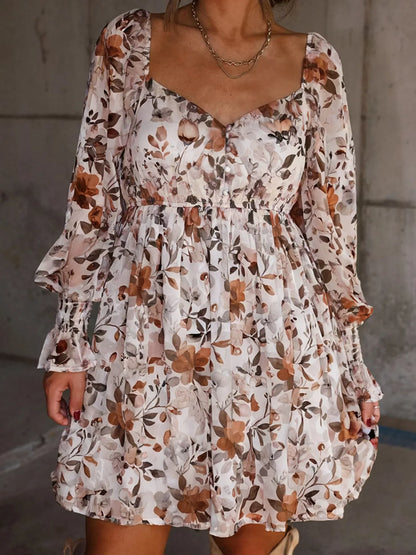 Hazel Blues® |  Floral Print Sweetheart Neck Long Sleeve High Waist Mini Dress